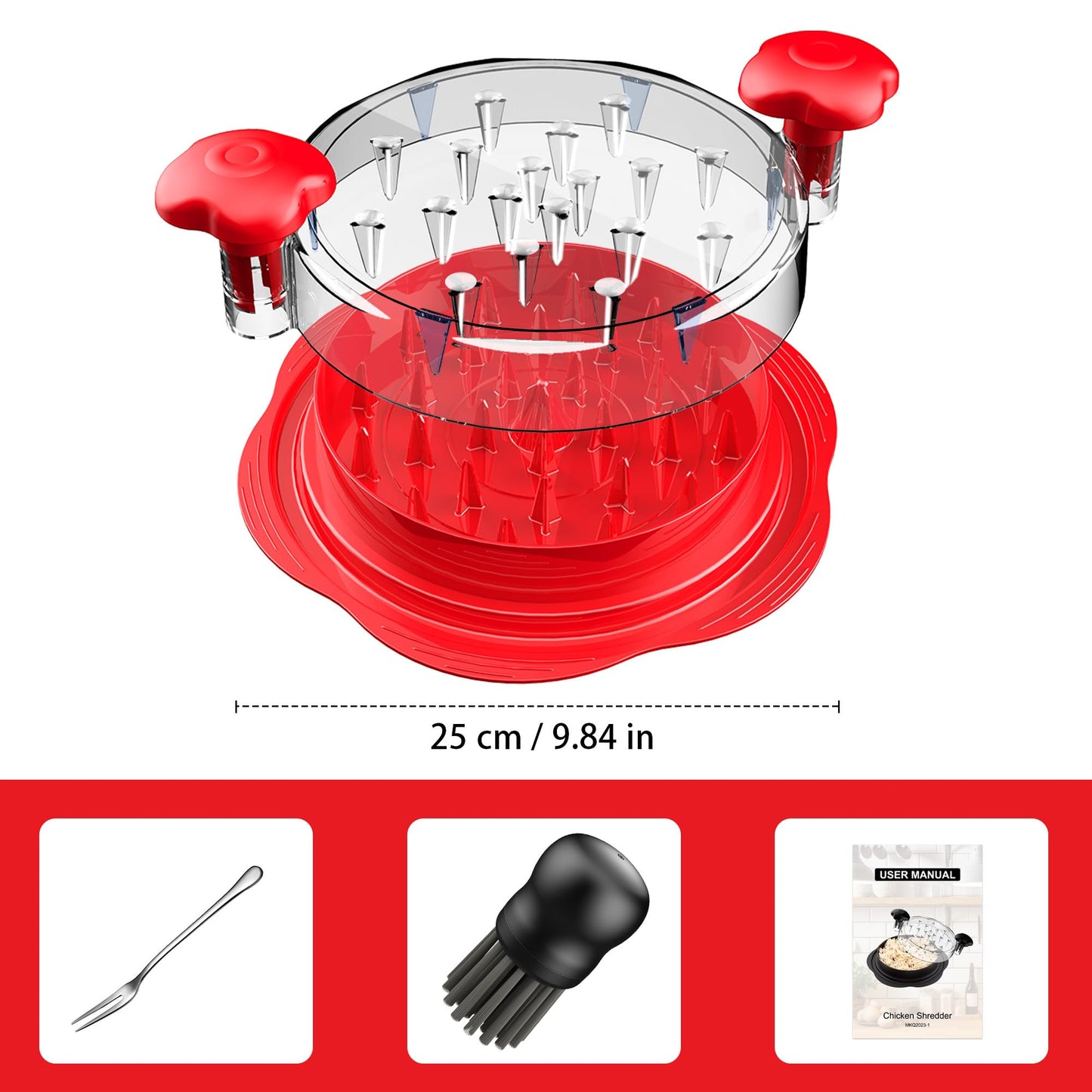 SURETIVIAN Chicken Shredder Large Chicken Breast Shredder Tool Twist with Brush&Fork, Visible Meat Shredder Machine, Anti-Slip Strip, Ergonomic Handle, BPA Free, Suitable for Pork Beef Chicken(Orange)