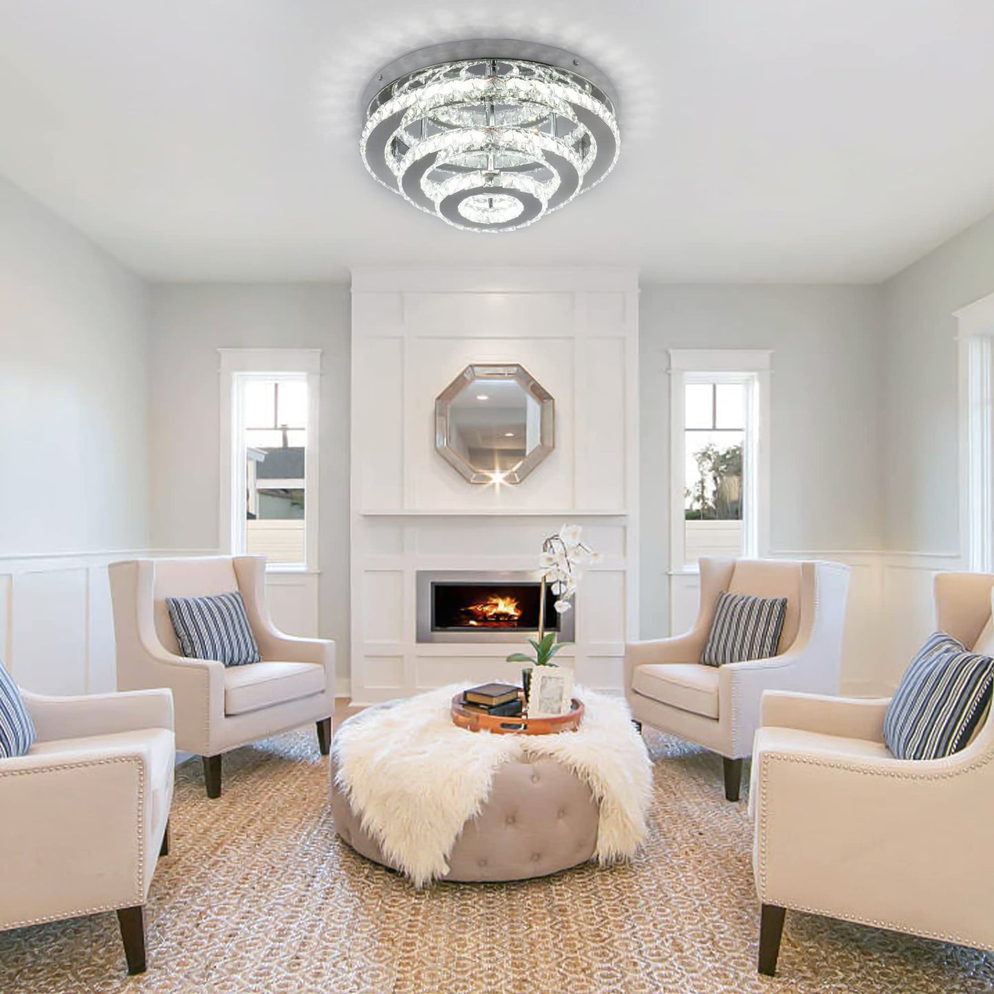 YPQXYHDA Modern Crystal Chandelier LED 3 Tier Crystal Ceiling Lights Flush Mount Round Chandeliers for Bedrooms Dining Room Living Room,Dia 13.8",Cool White,42 W