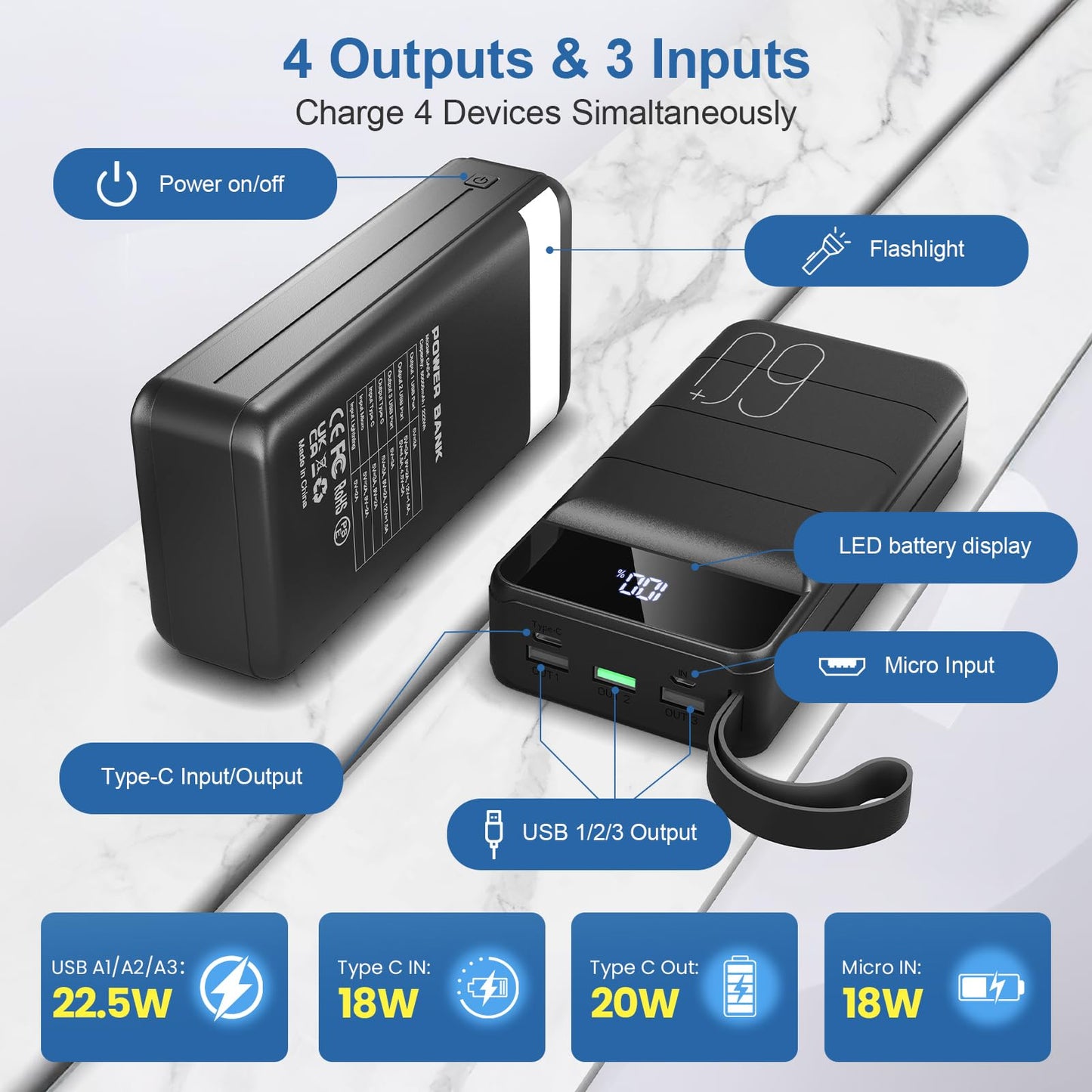 Portable Charger Power Bank 60000mAh Fast Charging 22.5W PD4.0 & QC 4.0 with USB C Battery Pack Charger Portable High Capacity Portable Phone Charger Power Bank for iPhone,Samsung,Travel (Black)