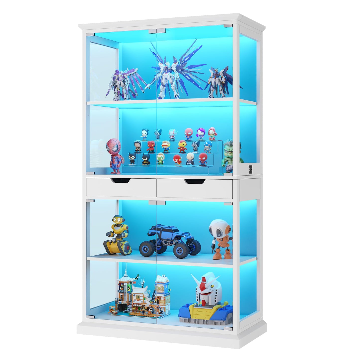 Jocoevol Display Cabinet with Glass Doors, 4-Tier Curio Cabinet with with 2 Drawers for Collectibles, Modern Glass Display Case Human Body Sensor & RGB Lights for Living/Game Room (White)