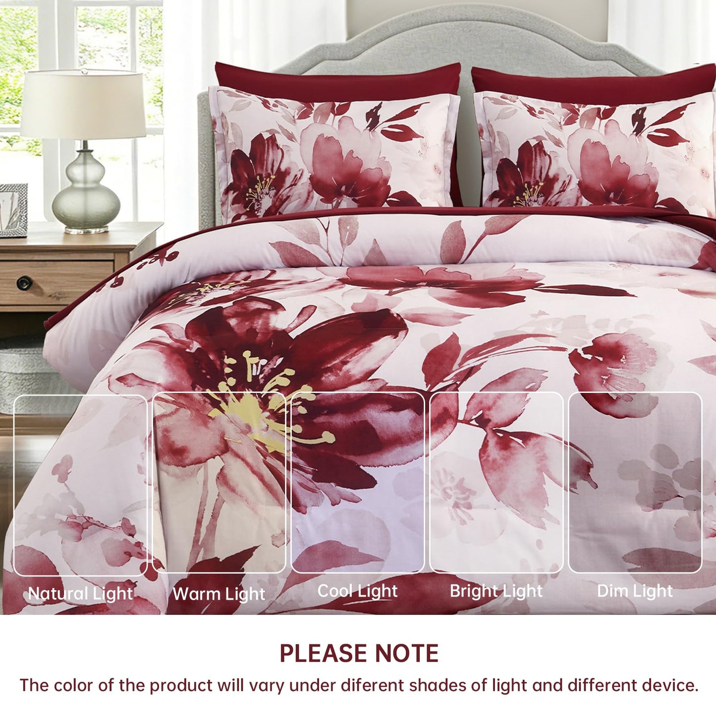 Luxudecor Floral Comforter Set King Size, 7 Piece Burgundy Flower Set Bed in a Bag,Soft Microfiber Farmhouse Shabby Chic Bedding Set for All Season(90"x104")