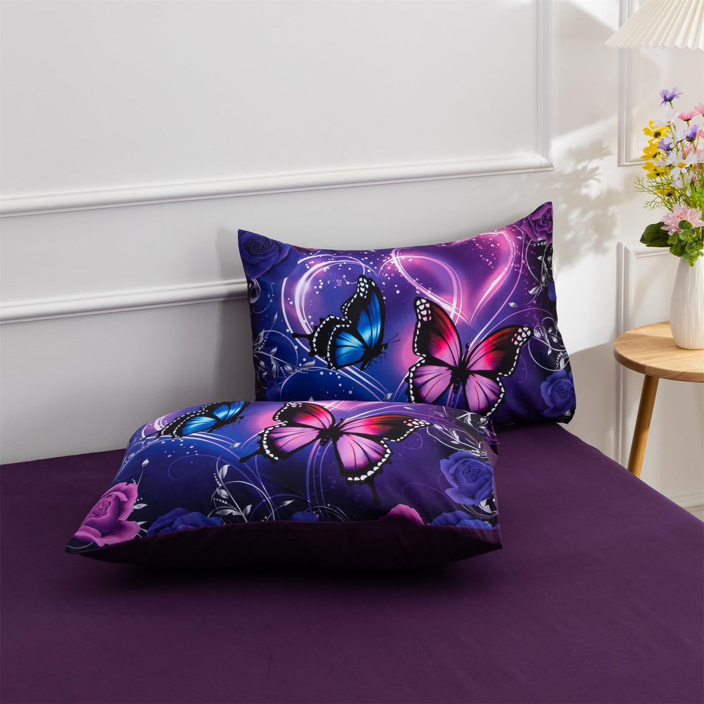 A Nice Night Galaxy 6pcs Bed in A Bag Purple and Blue Dreamy 3D Butterfly Printed, Butterflies Bedding Twin Comforter Set, for Girls Kids Teens