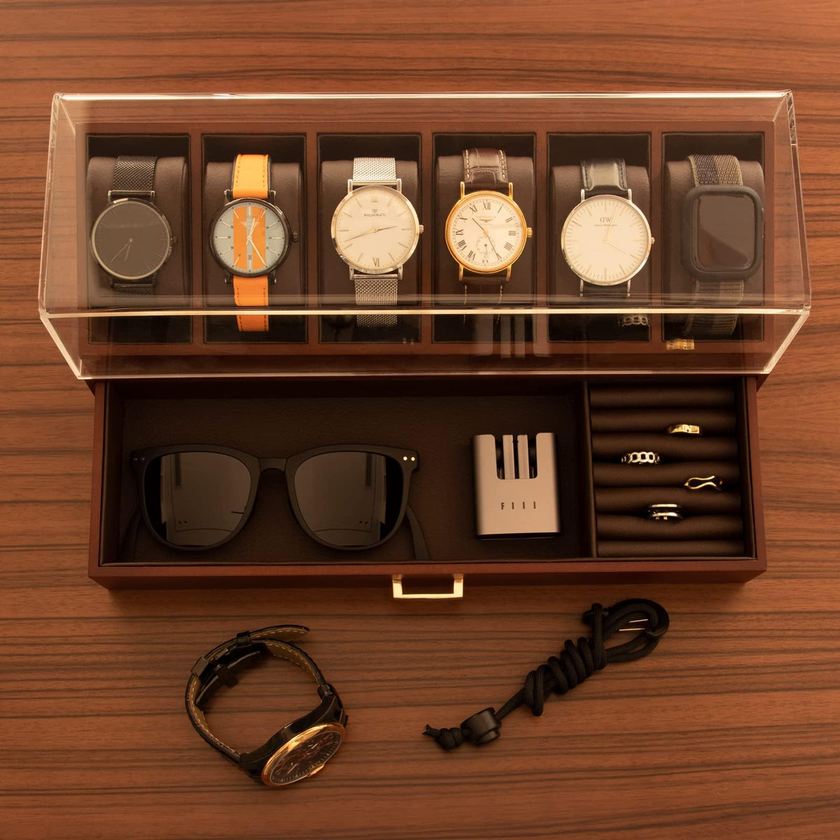 KAMIER High End Wooden Watch Box with 6 Slots & Glass Lid - 2-Layer Jewelry Organizer for Men - Watch Display Case, Ideal Business Gift for Watch Enthusiasts (with Gift Box), Walnut