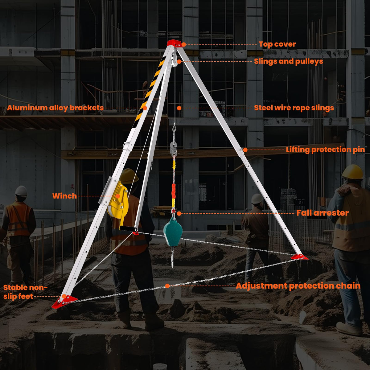 3000lbs Confined Space Tripod Kit, 3000 Lbs Winch, Adjustable 7' Legs & 98' Cable, Steel Confined Space Rescue Tripod with 33' Fall Protection/Harness/8' Protection Chain for Confined Spaces Safety