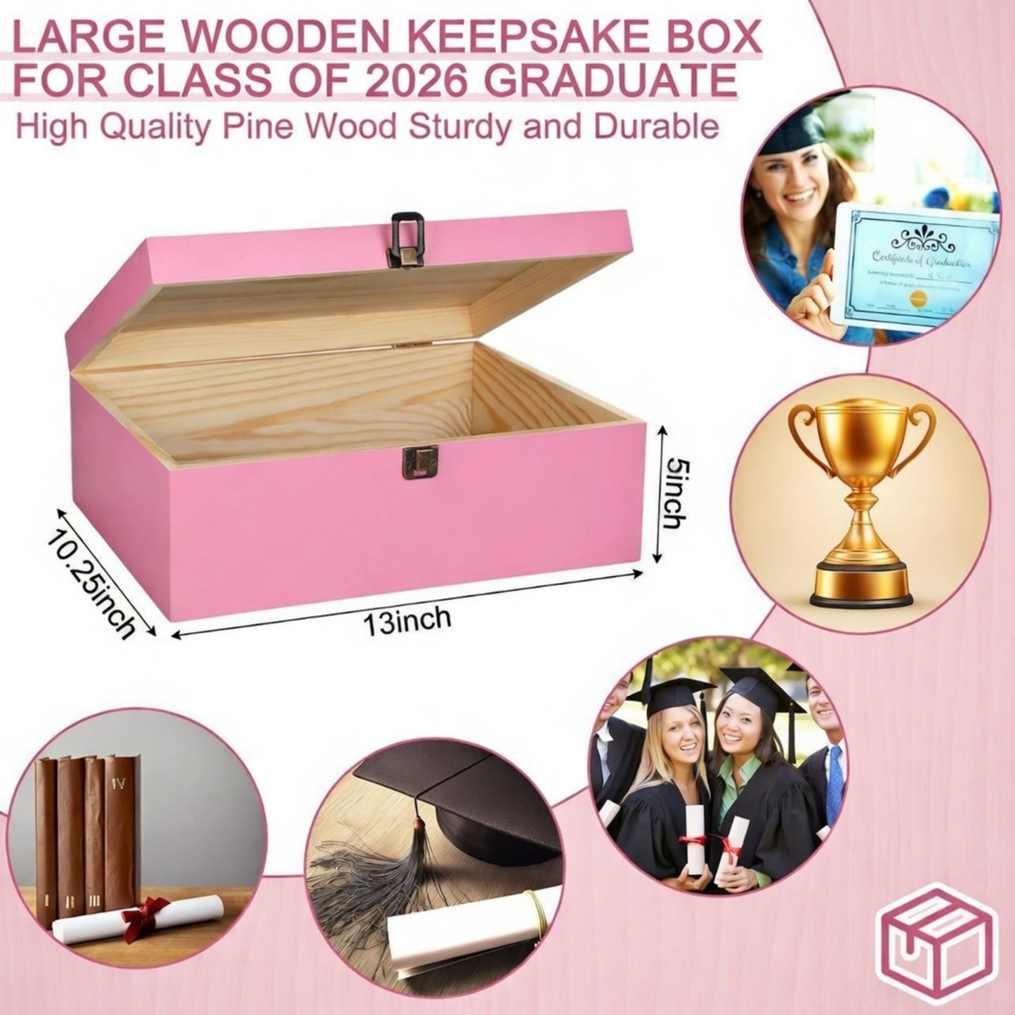 Leinuosen Large Graduation Keepsake Box 13'' Senior 2026 Graduation Cap Gown Box Class of 2026 Graduate Wooden Engraving Case for College High School(Pink,Senior 2026 Bow)