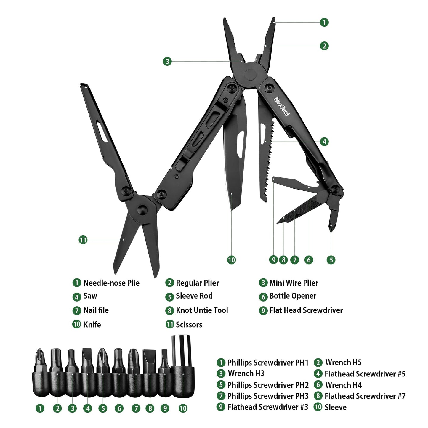 NexTool Multitool, 11 in 1 Multi Tool with Needle Nose Pliers, Scissors and Screwdriver Bits, Stainless Steel Multi Tool Pocket Knife with Safety Locking for Camping,Fishing,Hiking, Mens Gifts Unique