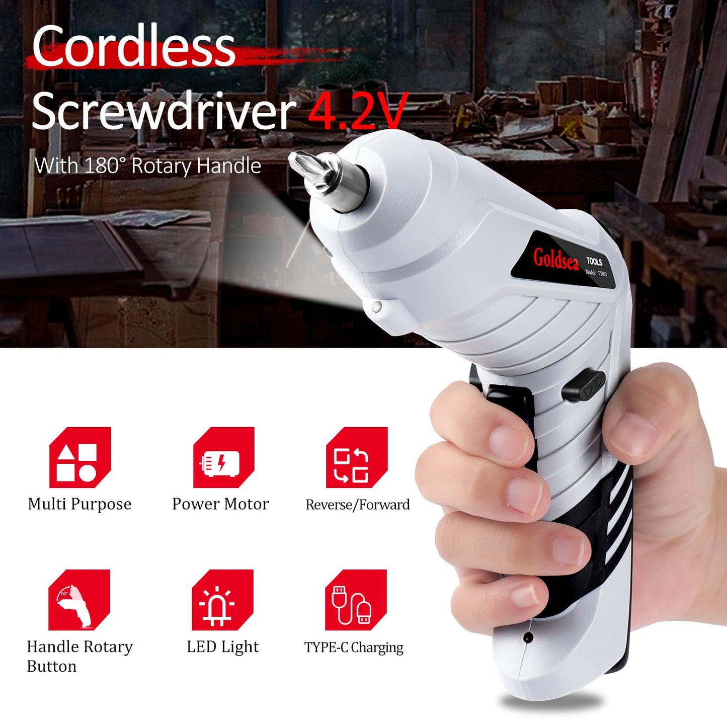 Goldsea Electric Screwdriver Cordless, Cordless Drill & Screwdriver Set, 47 in 1 Power Tools 4.2V Li-ion 3.5Nm Rotatable Cordless Electric Drill Drivers Home Improvement DIY