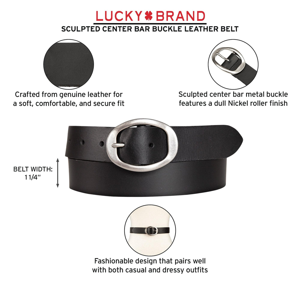 Lucky Brand Womens Sculpted Center Bar Buckle Skinny Belt | Leather | Trend | Stylish | Classic | Modern | Jeans - Black, X-Large