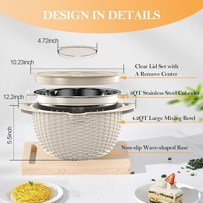 4-1 Colander with Bowl Set, Food Strainers and Colanders, Fruit Washing Bowl