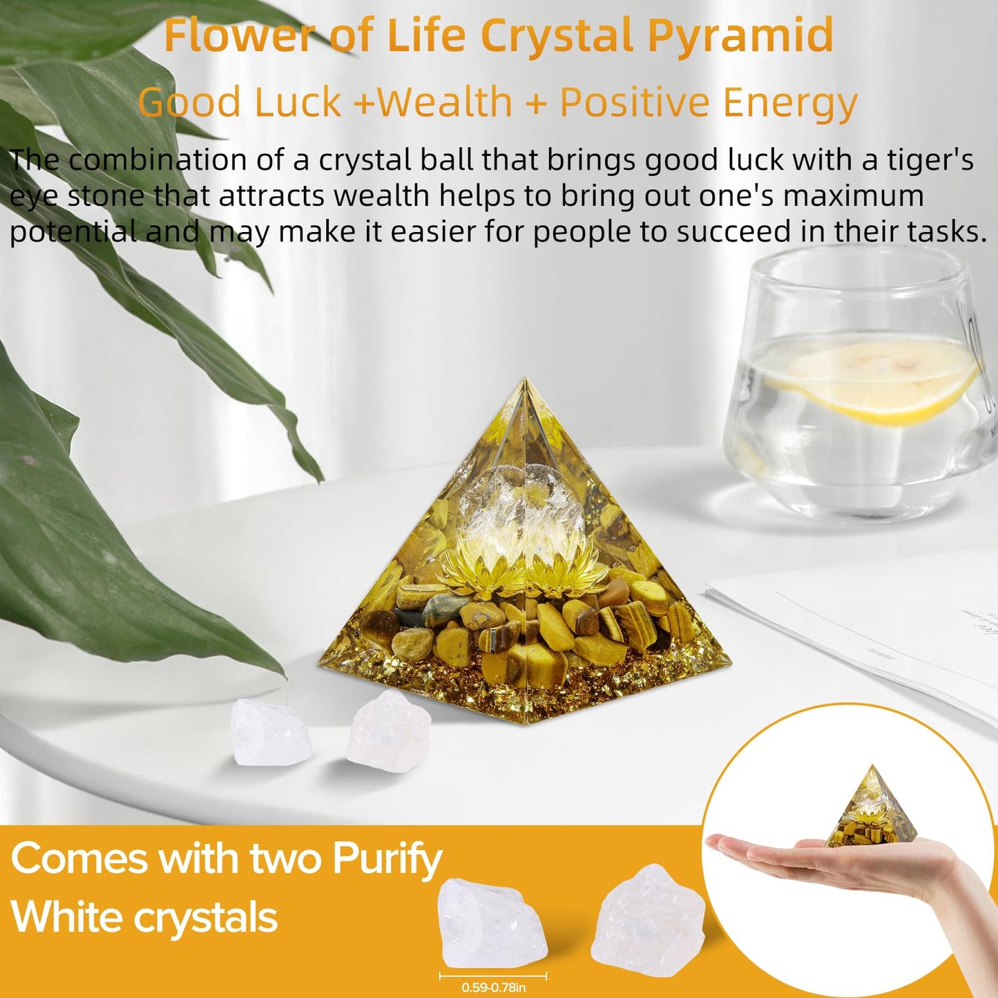 Hopeseed Orgone Pyramid Flower of Life Orgonite Money Healing Crystals Pyramid for Positive Energy with Tiger's Eye Stones and Luck White Crystal that Promotes Wealth, Prosperity and attracts Success