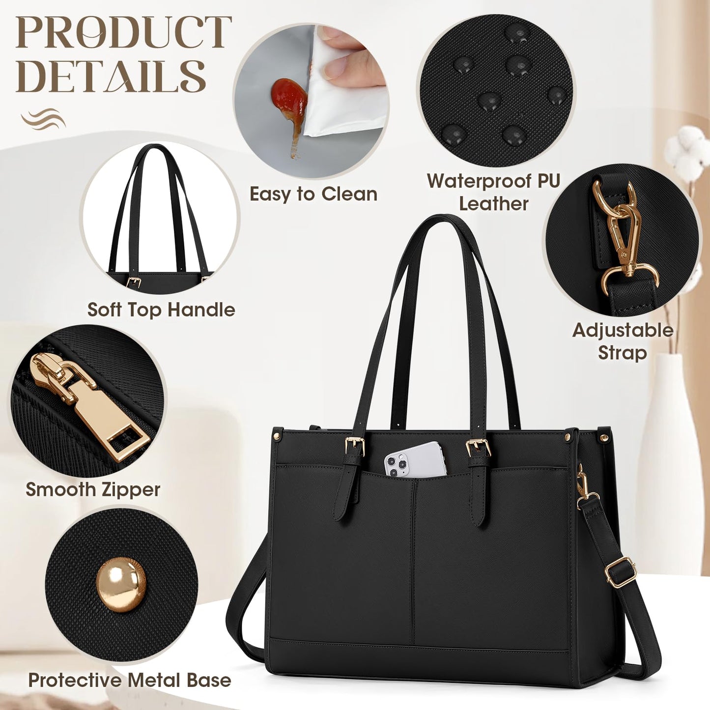 RAINSMORE Lunch Tote Bag for Women 15.6 Inch Laptop Bags with Insulated Lunch Compartment Large Leather Quilted Computer Tote for Teacher Nurse Work Collage Casual Black