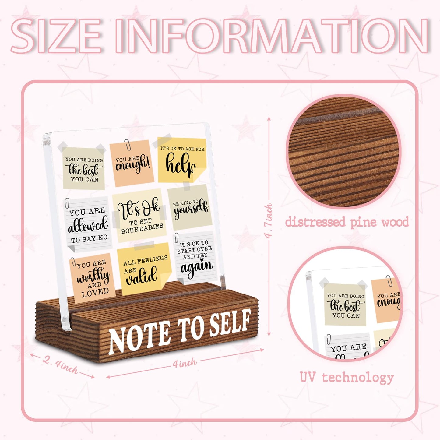 Inspirational Desk Decor with Positive Self Reminder Notes, Acrylic Encouragement Sign with Rustic Wood Base, Motivational Office Desk Gift for Coworker Friend SNOTE11