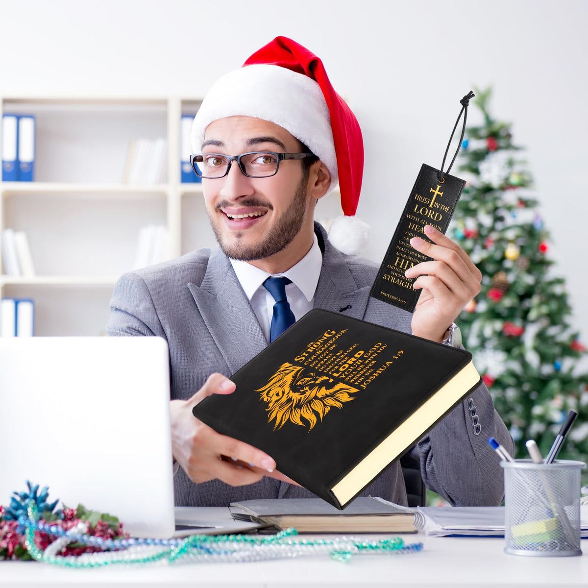 SAIWEILAI ONLINE 3 Pieces Christian Gifts for Men Religious Gifts for Dad Bible Verse Inspirational Notebook Bible Verse Ballpoint Pen Trust in The Lord Bookmark for Men Office School Journal Supplie