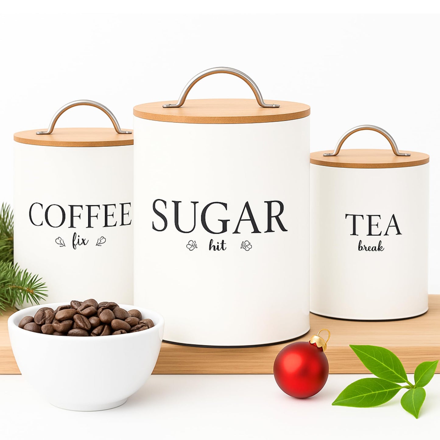 D'Lifeful Tea Coffee Sugar Canister Set - 3pc Airtight Canister Sets for Kitchen Counter - Farmhouse Containers for the Kitchen - Decorative Countertop storage with Airtight Lid for Freshness - White