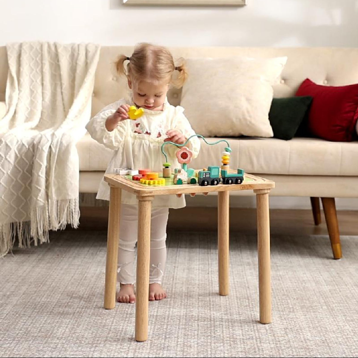 3-in-1 Baby Activity Table for 18-36 Months Old Kids Wooden Activity Center Sensory Play Table for Toddlers with Bead Maze Shape Sorter Montessori Toys Sand Table Must Have Birthday Gift for Girls Boy