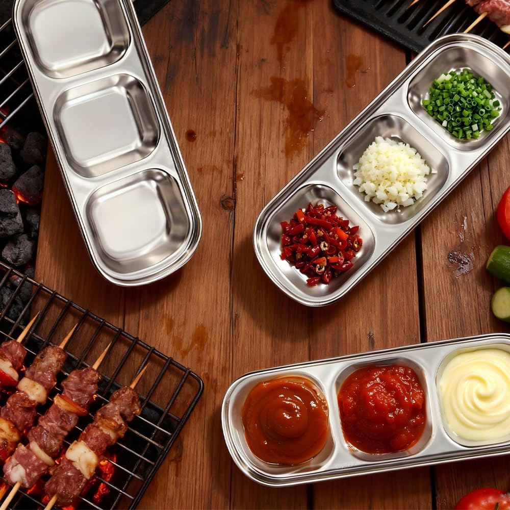 JBESUHI 6 Pcs Stainless Steel Soy Sauce Dish - Korean 3 Compartment Dip Bowls, Silver Divided Sauce Plate Seasoning Tray for BBQ, Vinegar, Spice, Salt, Sugar, Home & Restaurant (Silver)