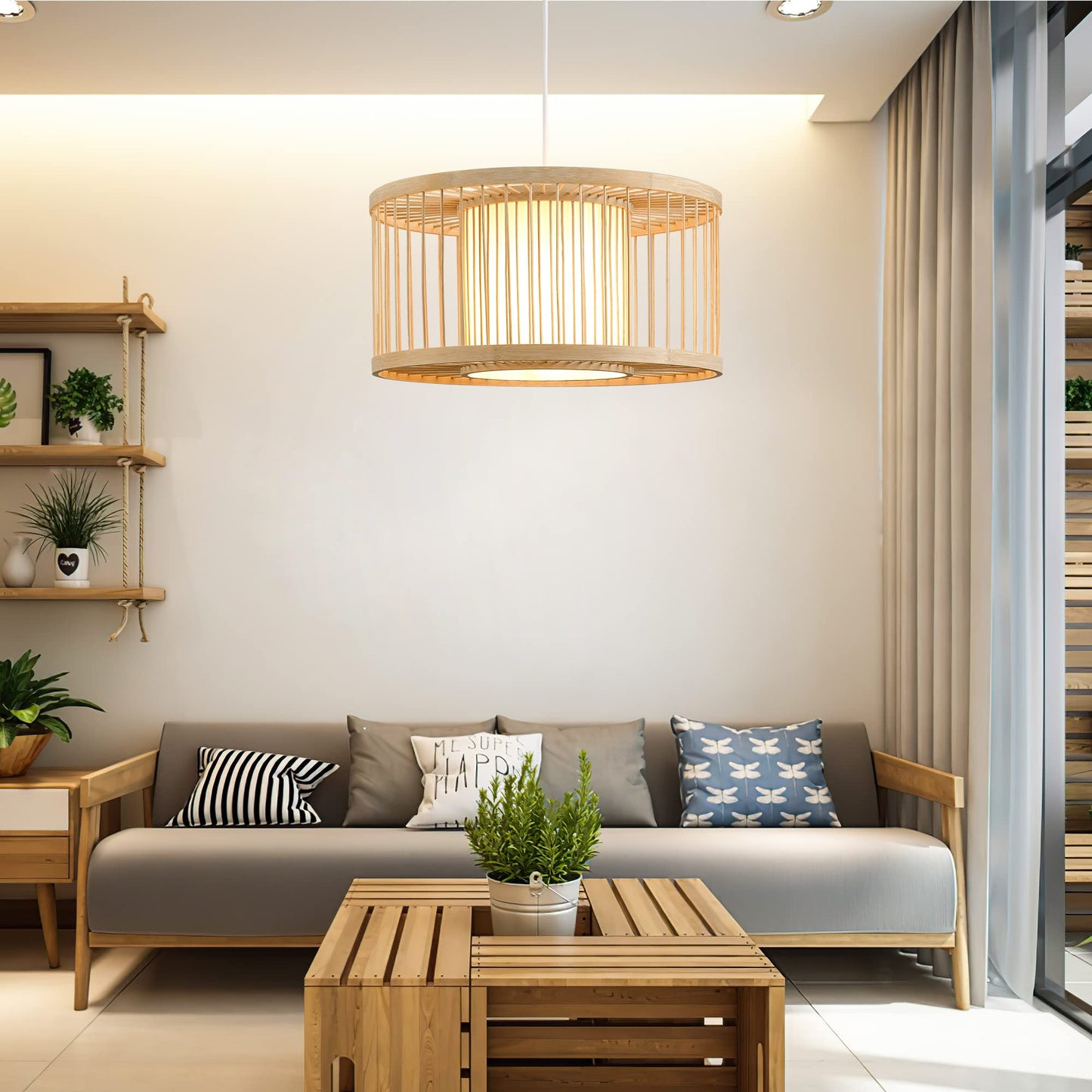 Karjearl Boho Rattan Pendant Lights, 15.8" Coastal Drum Wicker Hanging Light Japanese Country Light for Dining Room Kitchen Living Room Bedroom, 1-Light E26 Base