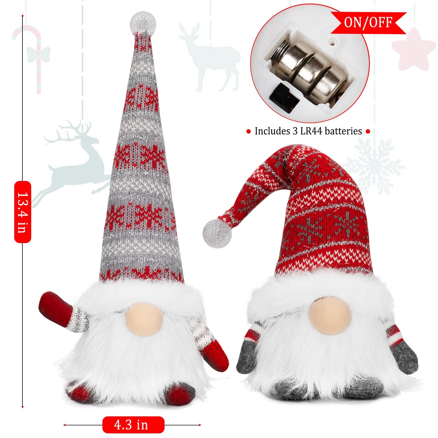 BAODLON Christmas Gnome Decorations with Light, 13.4 Inches Set of 2 Knitted Hat Nisse Figurine Plush Swedish Nordic Tomte Scandinavian Elf X'Mas Holiday Party Home Table Decor Ornaments (Red & Grey)