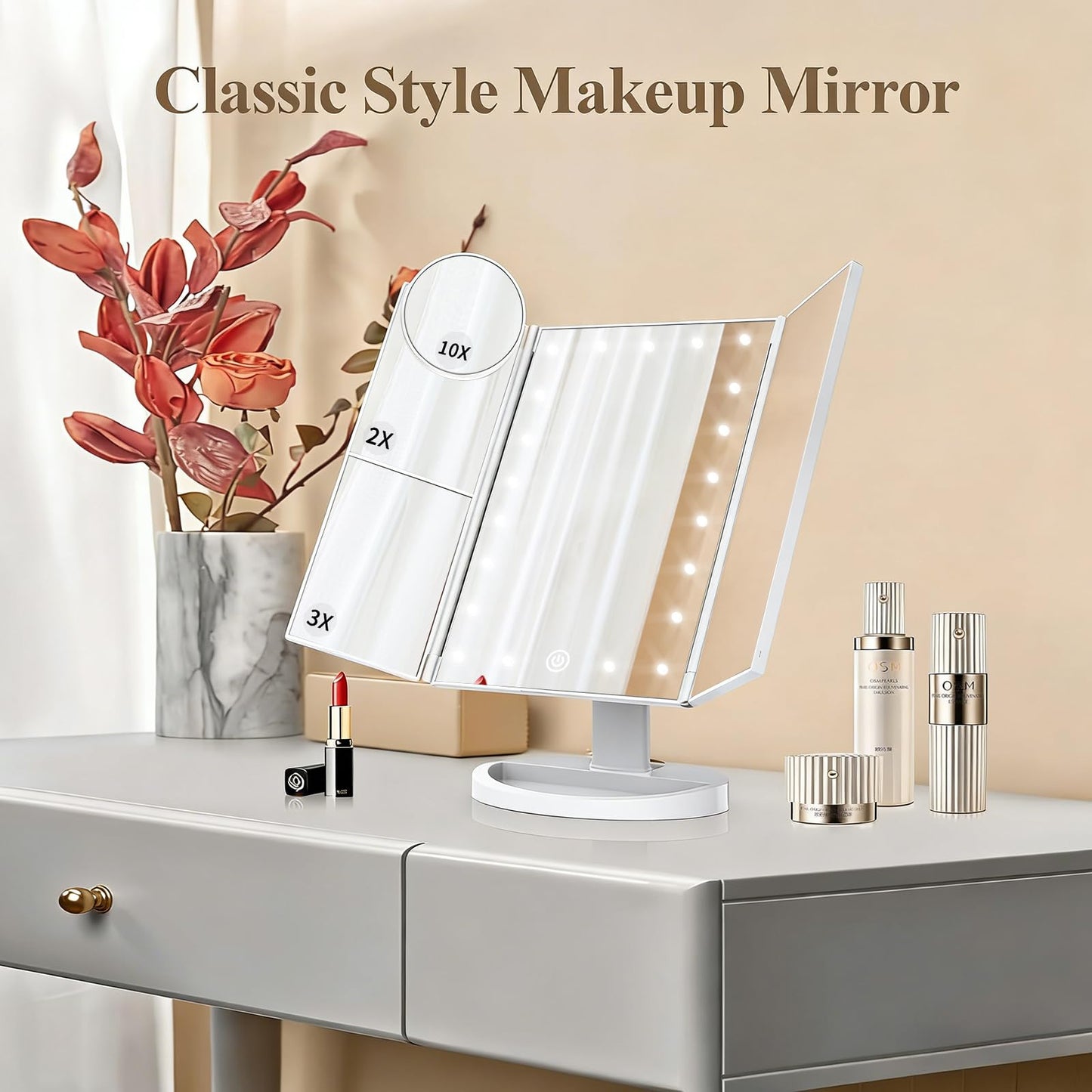 HUONUL Makeup Mirror, Gifts for Mom Mothers Day, Vanity Mirror with Lights, 2X/3X/10X Magnification, Touch Control, Trifold, Dual Power Supply, Birthday Gifts for Women, Girls, Dorm Room Essentials