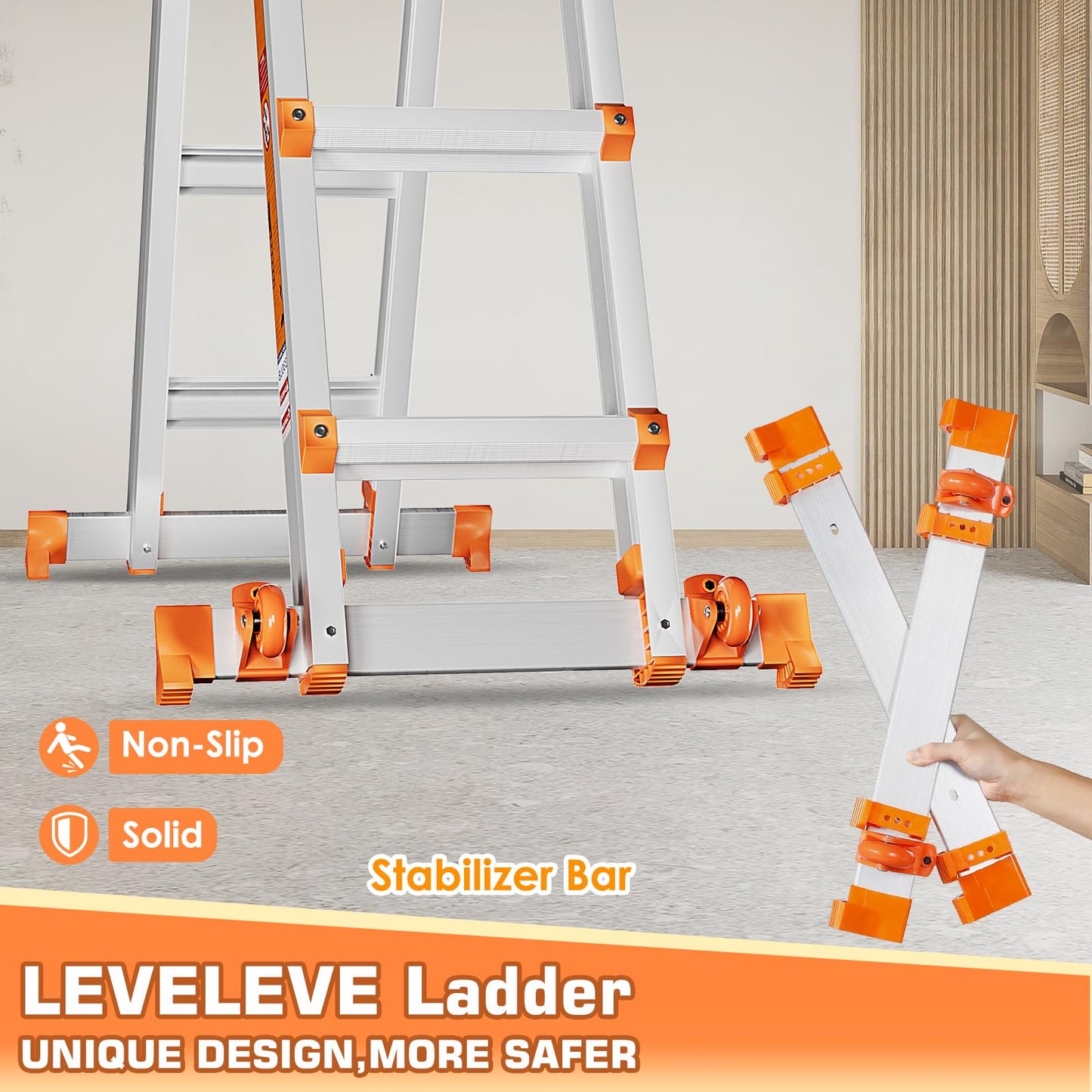 LEVELEVE Telescoping A Frame Ladder, 17FT Multi Position Ladder with Stabilizer Bar & Wheels,330 lbs Security Load for Stairs Home Indoor Outdoor Roof