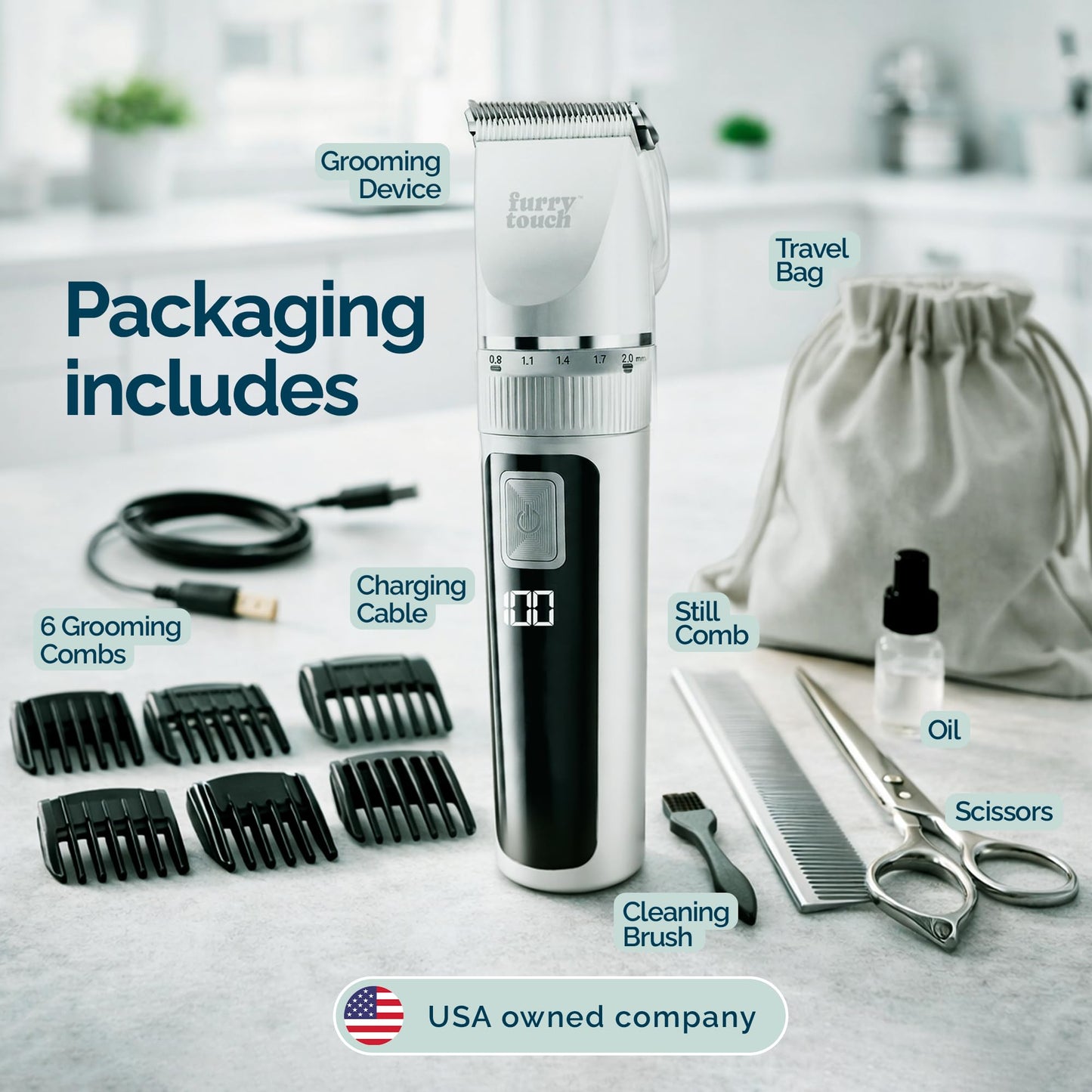 Furry Touch Dog Grooming Kit - 2 Power Modes Quiet & Strong, Cordless Dog Clippers for Grooming & Dogs Hair Trimmer for Groomings, Ceramic Blades, 6 Guide Combs, Rechargeable Trimmer for Cats and Pets