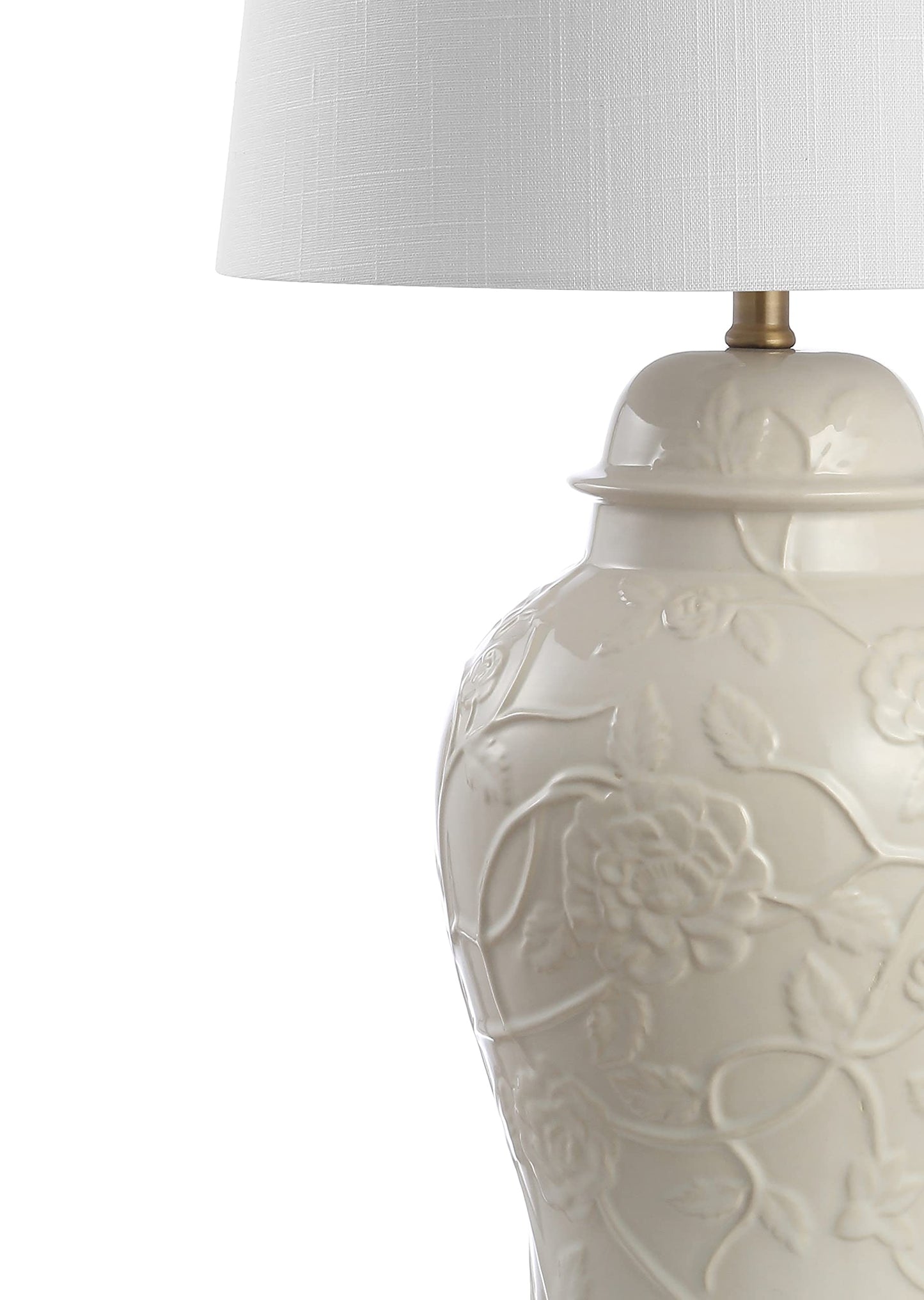 JONATHAN Y 29.5" Cream Ceramic Chinoiserie Table Lamp, Traditional Ginger Jar Lamp for Living Room Bedroom, White Linen Empire Shade, Brass Gold Base, LED Bulb Included JYL6604A