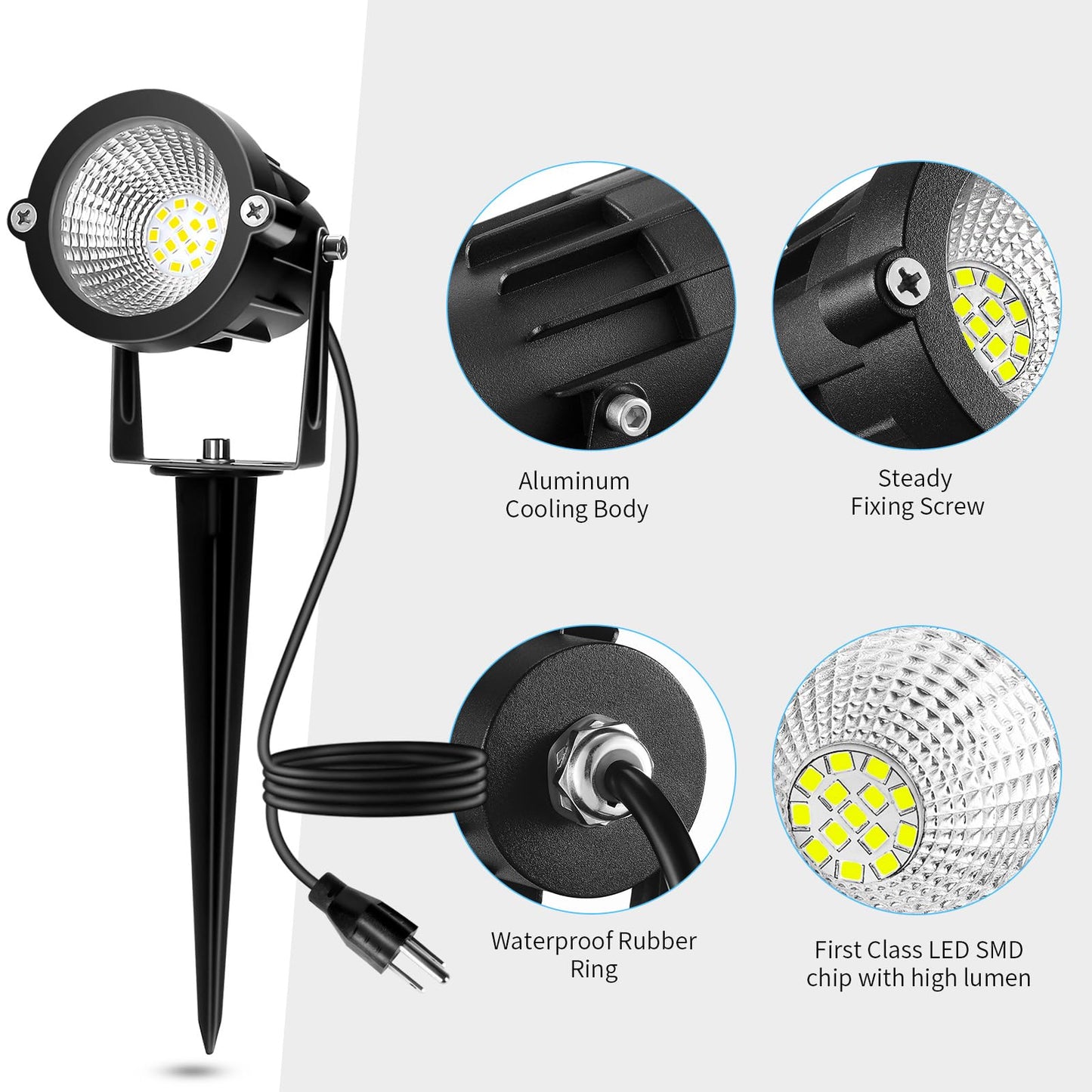 Outdoor Spotlight Cool White 6000K, 10W LED Spot Lights Outdoor for Yard Garden Tree, 120V Plug in Landscape Lighting with IP65 Waterproof for Halloween Christmas Decor, 4 Pack