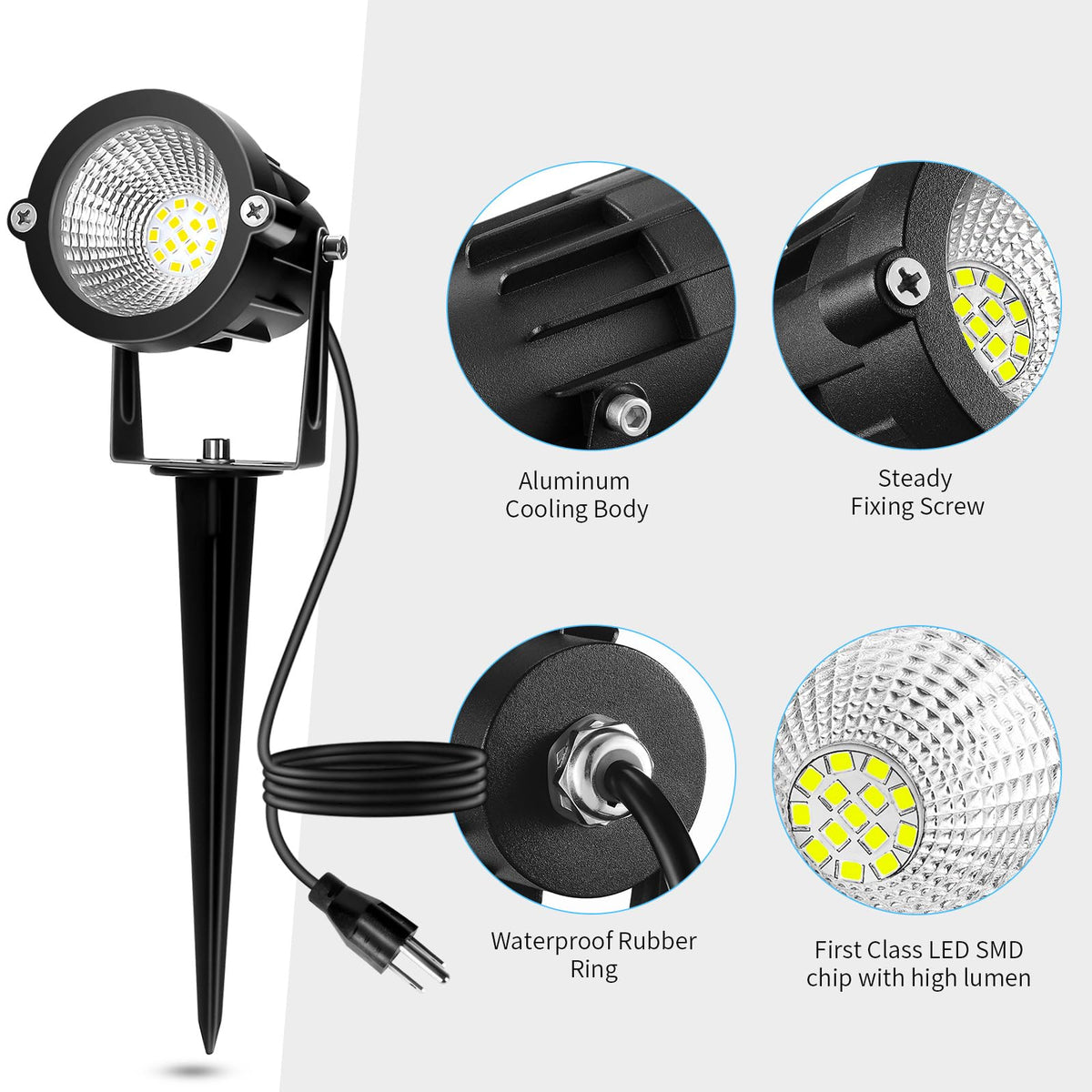 Outdoor Spotlight Cool White 6000K, 10W LED Spot Lights Outdoor for Yard Garden Tree, 120V Plug in Landscape Lighting with IP65 Waterproof for Halloween Christmas Decor, 4 Pack