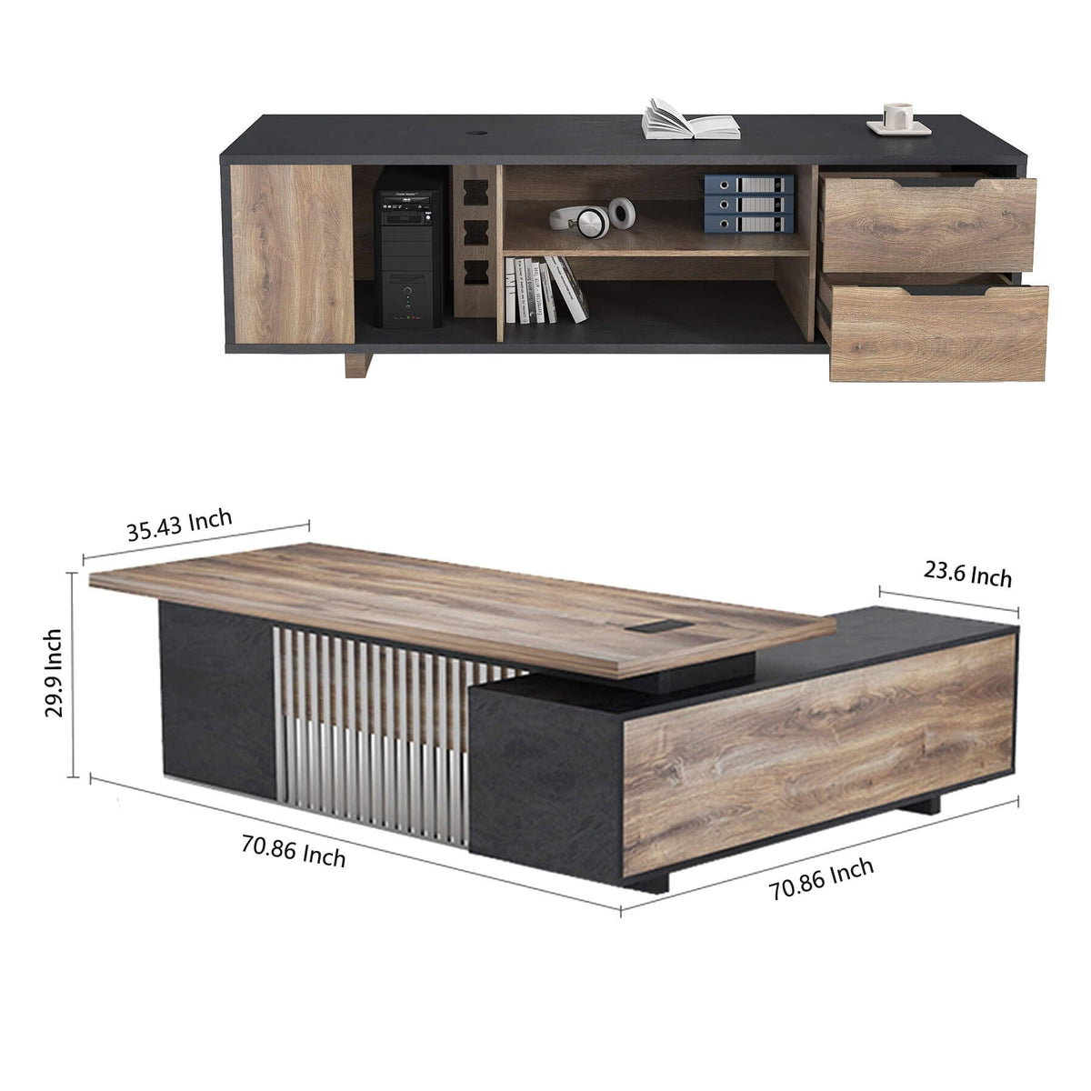 ONNAHOMEStlyle Executive Desk with Privacy Panel, Large Office Desk for Small Business, Computer Desk with Drawers & Storage Cabinets, Thick One-Piece Tabletop (Right Return, 70.86")