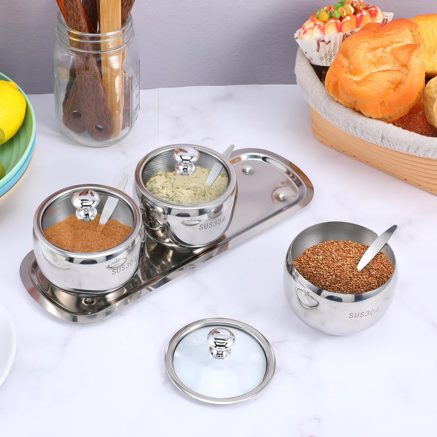 JOUTYFOR 3 Grids 304 Stainless Steel Seasoning Containers Set with Lid Spoon and Tray, Condiment Jar Spice Container, Condiment Canisters Pots for Serving Sugar, Pepper, Salt, Spice