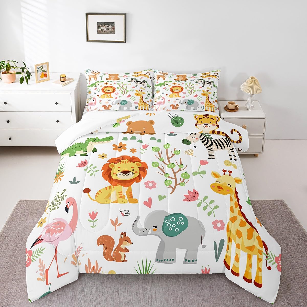 Feelyou Full Size Cartoon Lions Giraffe Comforter Set Zoo Animals Bedding Set Flamingo Zebra Comforter for Kids Boys Girls Kawaii Animals Duvet Insert 3Pcs