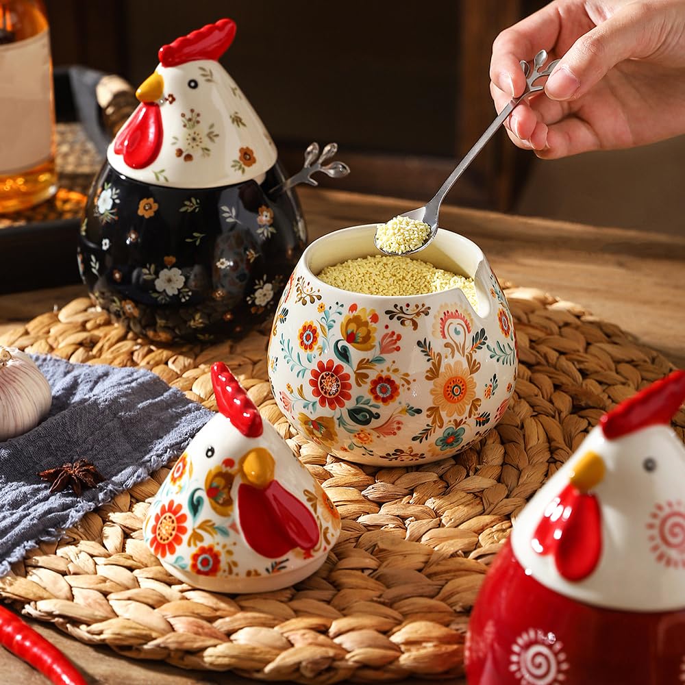 Sizikato Porcelain Condiment Pot with Lid and Spoon, Red Chicken Shape Ceramic Salt Bowl Sugar Bowl for Kitchen