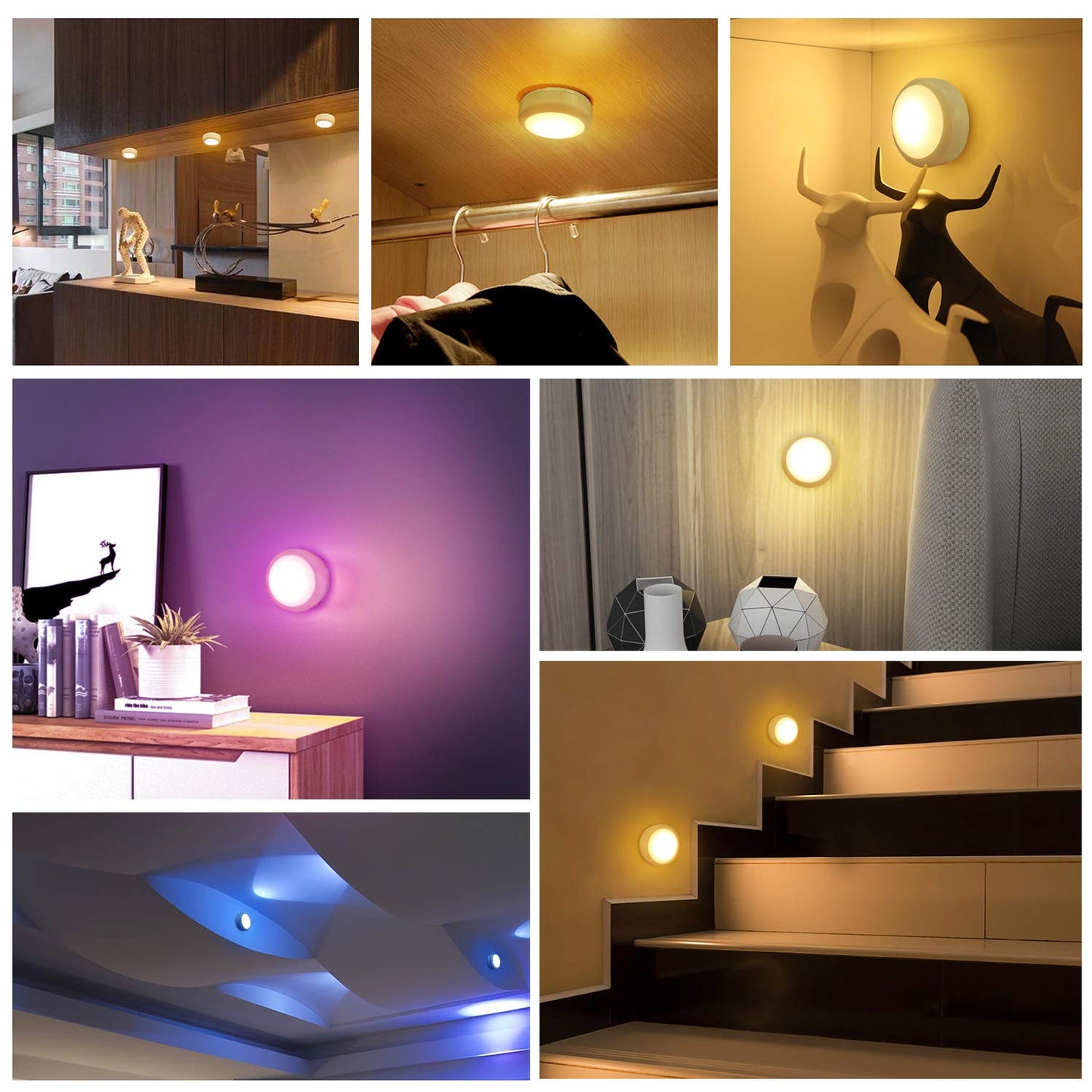 BLS LED Puck Lights with Remote Control, Wireless Under Cabinet & Closet Lighting, RGB 13 Color Changing Lights with Dimmer, Timer & AA Battery Operated, Push, Touch, Stick on for Night, White, 2 Pack