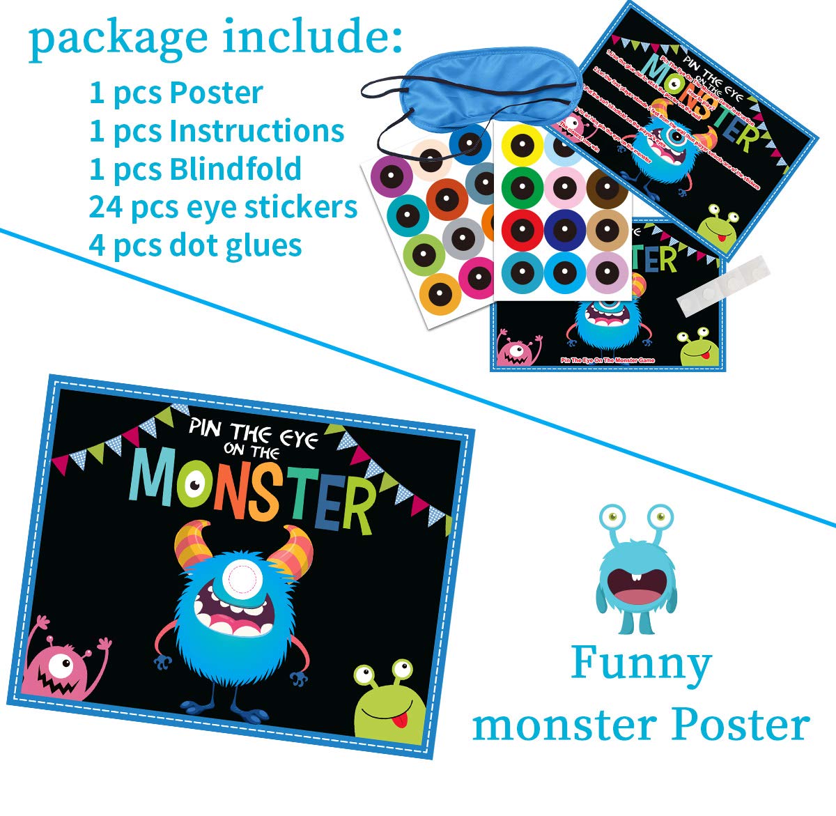 MISS FANTASY Halloween Games Kids - Pin The Eye on The Monster Halloween Party Decorations Gmaes Activities Crafts Supplies for Monster Birthday Family Children Boys Girls Classroom