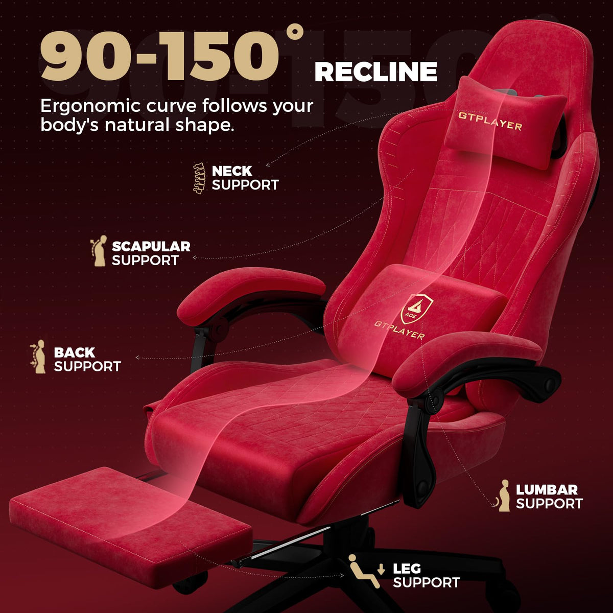 GTPLAYER ACE-PRO Music Gaming Chairs – Built-in Speakers, App Support & Bluetooth Control, Computer Game Chairs with Footrest for Adults, Ergonomic, Reclining, Linkage Armrest, Cherry Red 【Velvet】