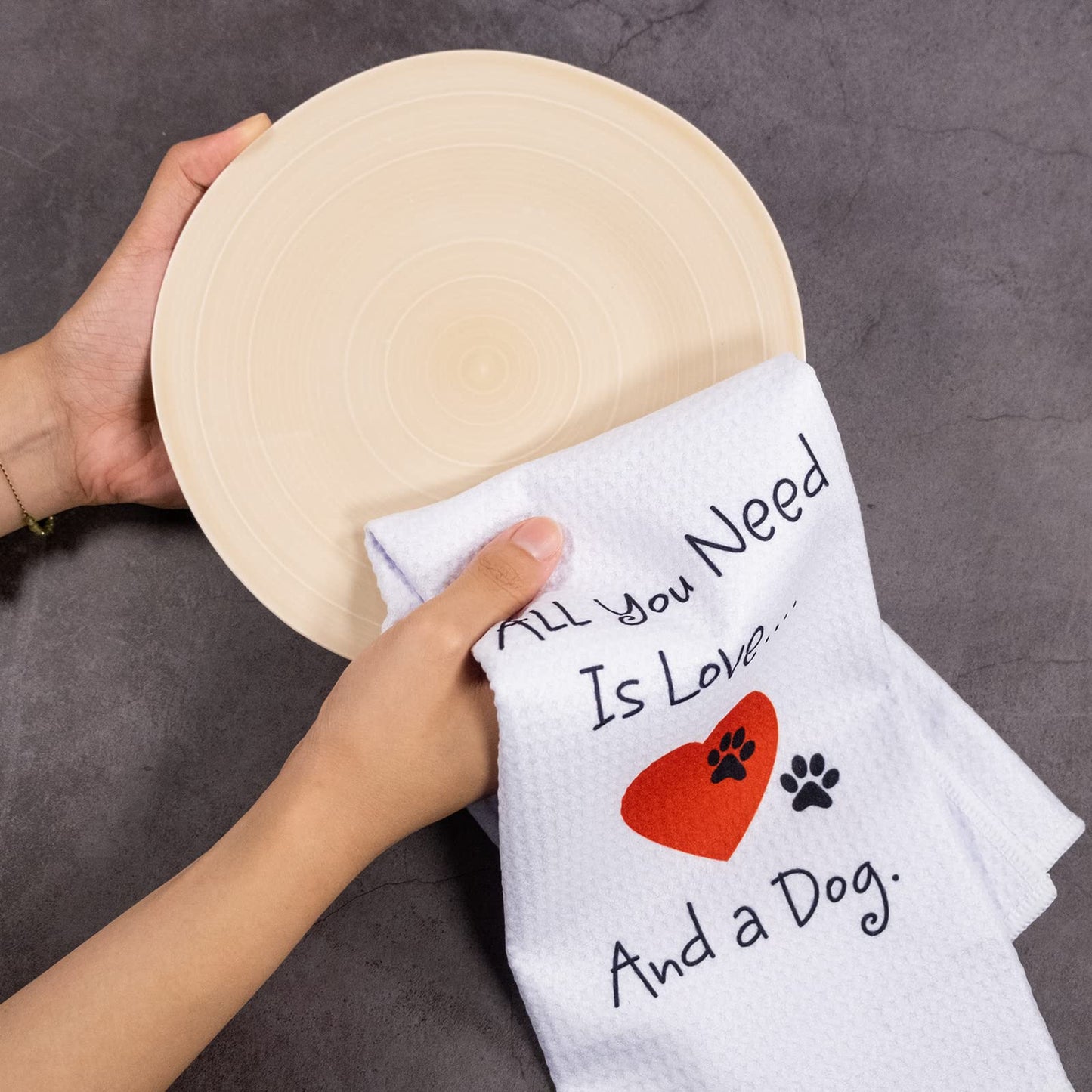 Joyriza All You Need is Love and A Dog – Funny Gifts for Dog Lovers Mom Women Friends, Funny Kitchen Towels Housewarming Gift for Puppy Owner, Absorbent Waffle Dish Towel