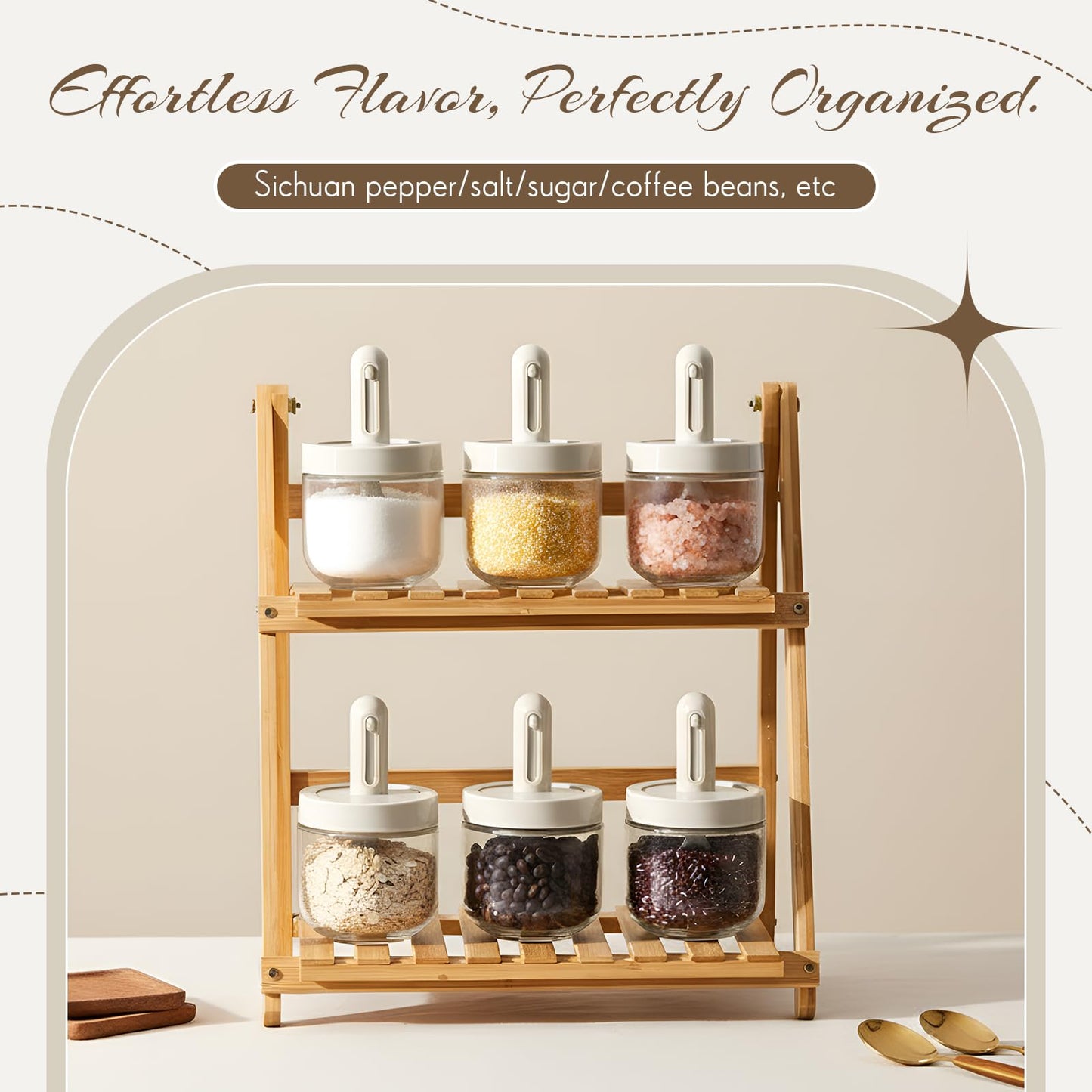 Mysora 6 Piece Glass Salt Container | Storage | Pepper, Table Salts, Sugar, Gourmet Salts, Spice |chili Herbs |12 oz |glass Salt Container with Lid and Retractable Spoon