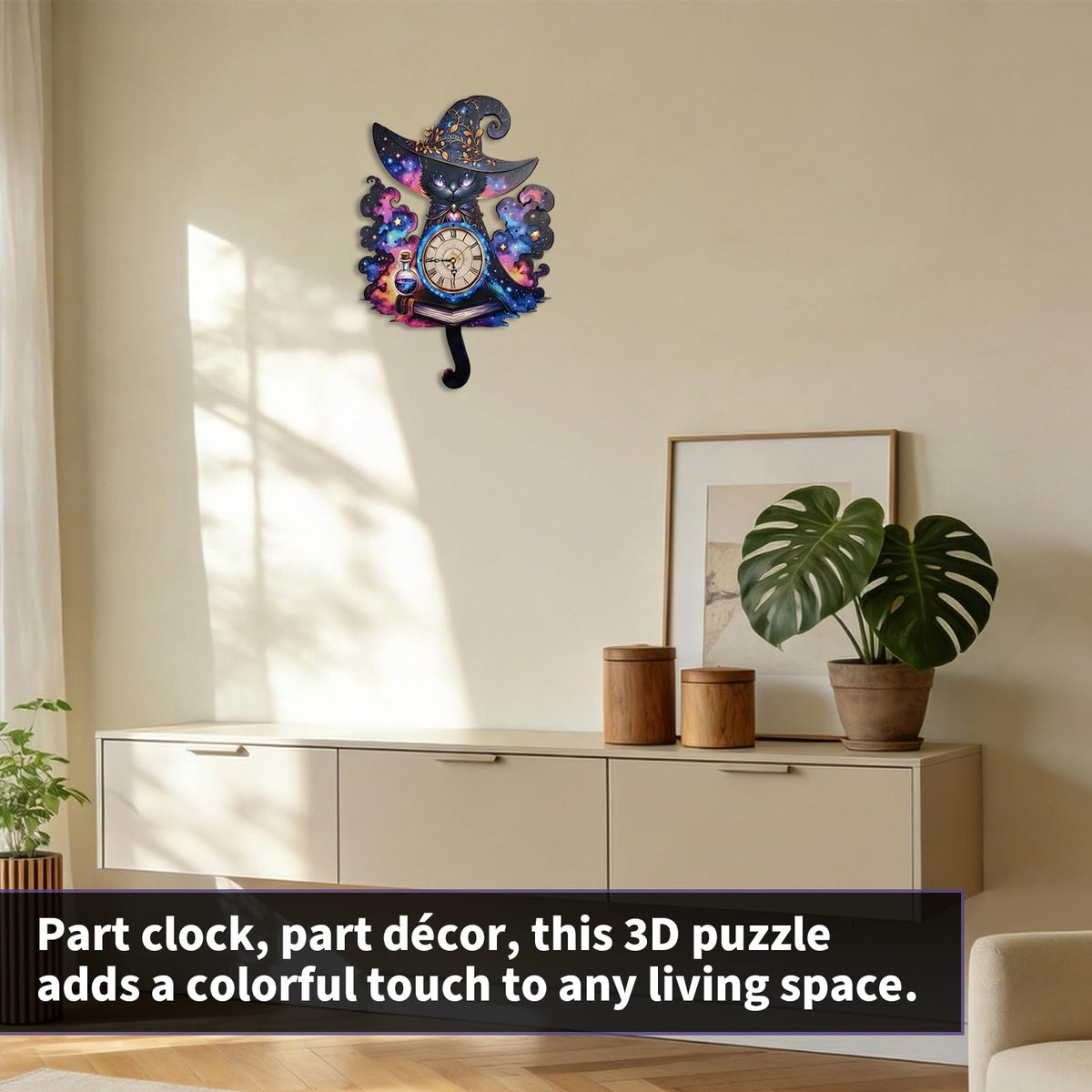 NIUNIUAMY 3D Wooden Puzzle Clock DIY Mechanical Model Kit, Wooden Desk & Wall Clock with Pendulum, Adult Crafts Model Clock Kit, Laser Cut Wood Assembly, Fantasy Cat Wizard Galaxy Decor, Unique Gift