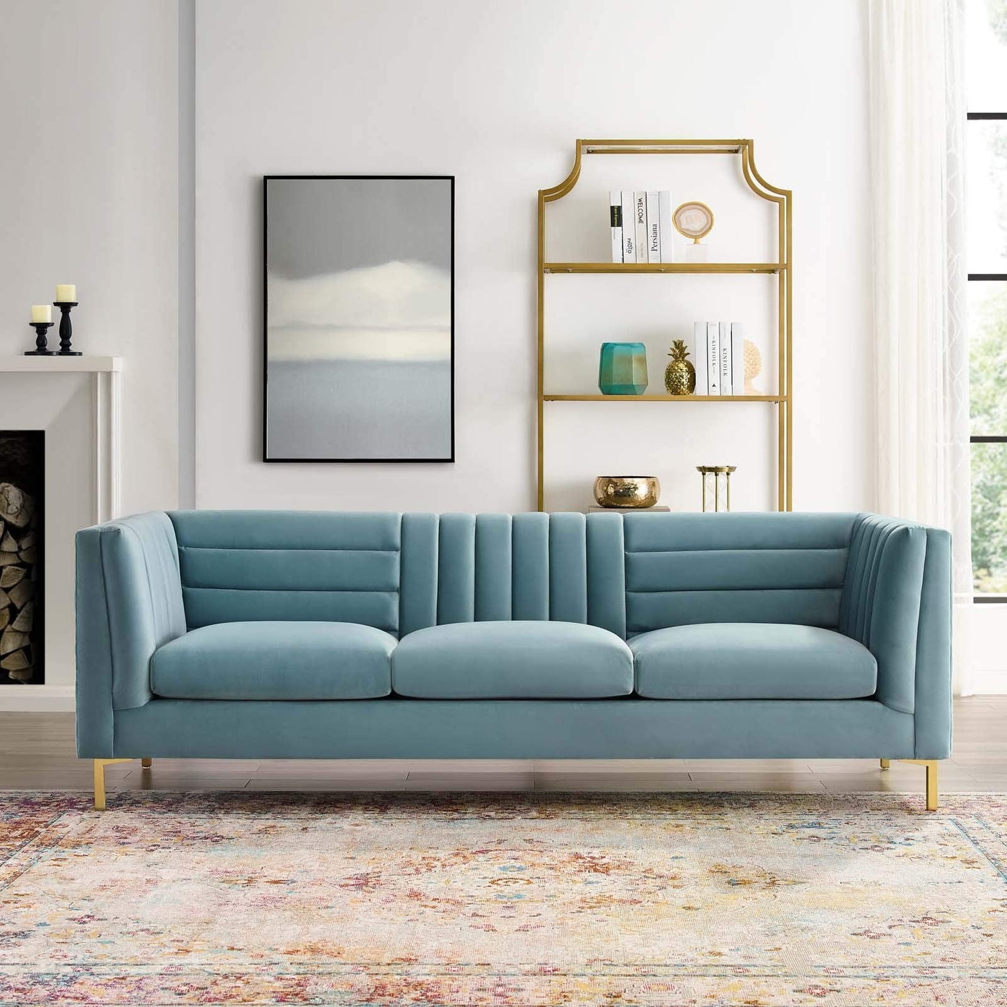 Modway EEI-3454-LBU Ingenuity Channel Tufted Performance Velvet Sofa, Light Blue