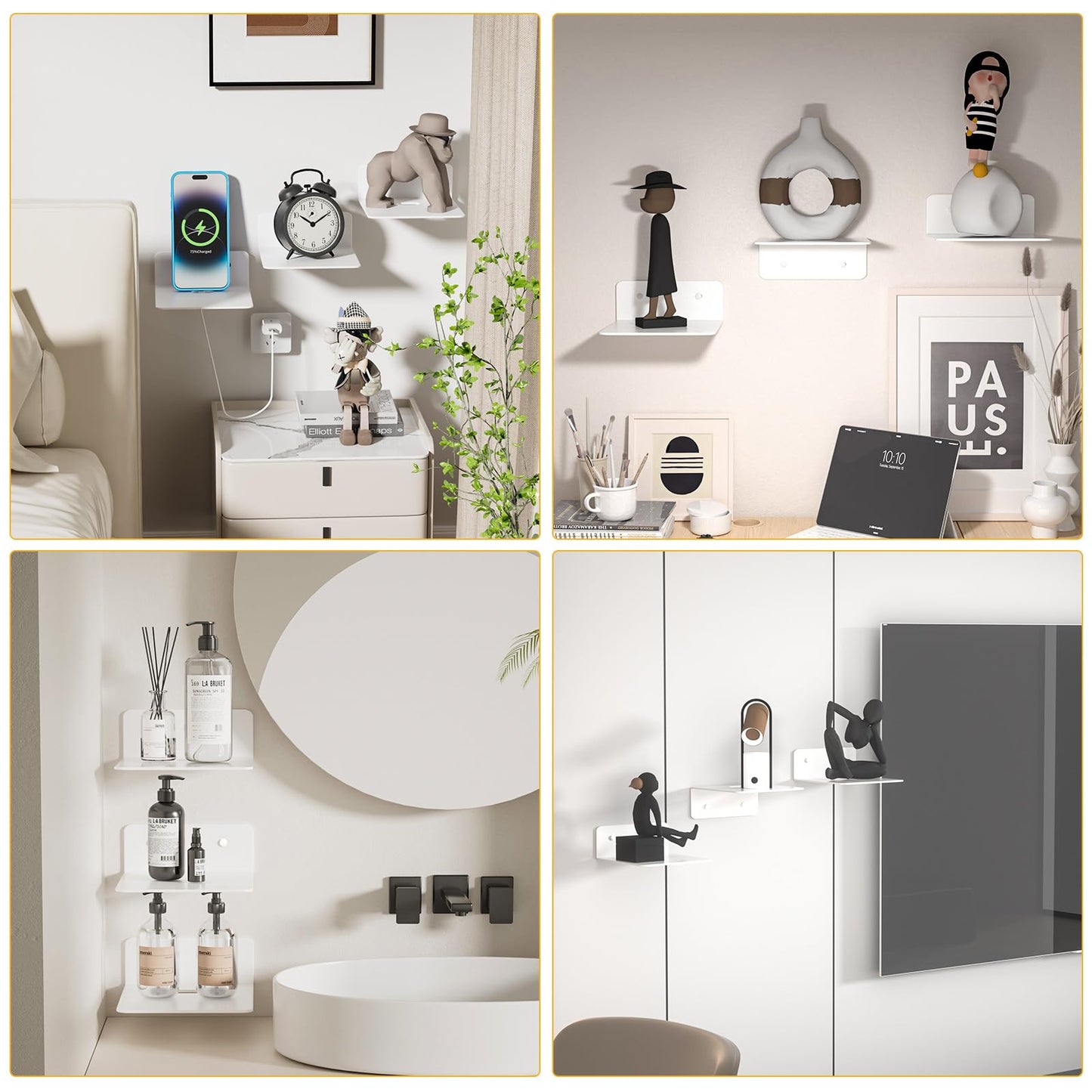Wisfame Small Piano White Floating Shelves Set of 3, Metal Hanging Shelves for Bathroom, Living Room, Bedroom, 5 Inch Wall Display Shelves for Knickknacks, Display Ledges - Adhesive Installation