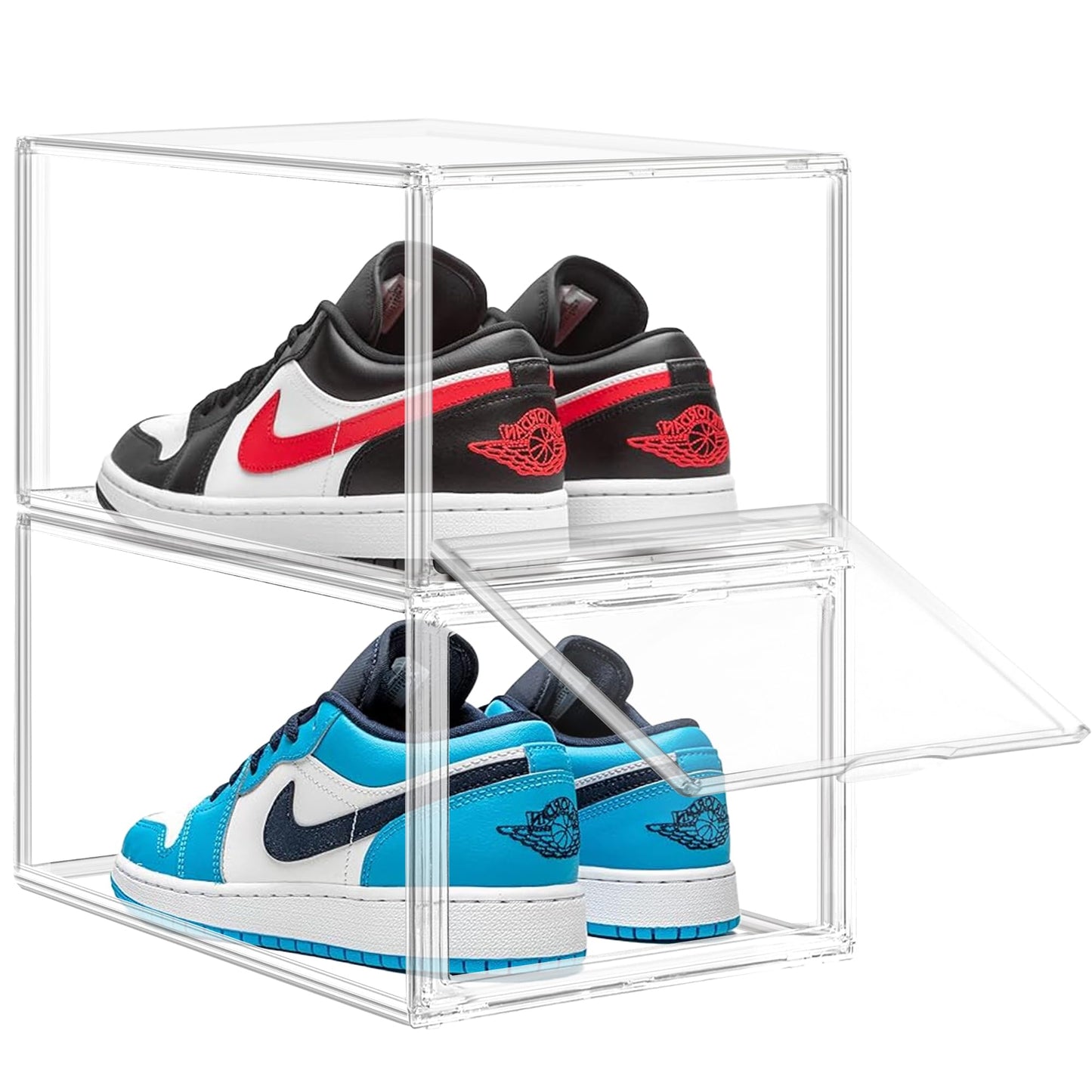 EZJOB 2 Pack Drop Front Shoe Boxes Acrylic Box Sneaker Case Size 12, Transparent Display Cases for Sneaker Collections, Baseball Caps, Hat Organizer Dust-free Shoe Cubbies Stackable Sneaker Boxes