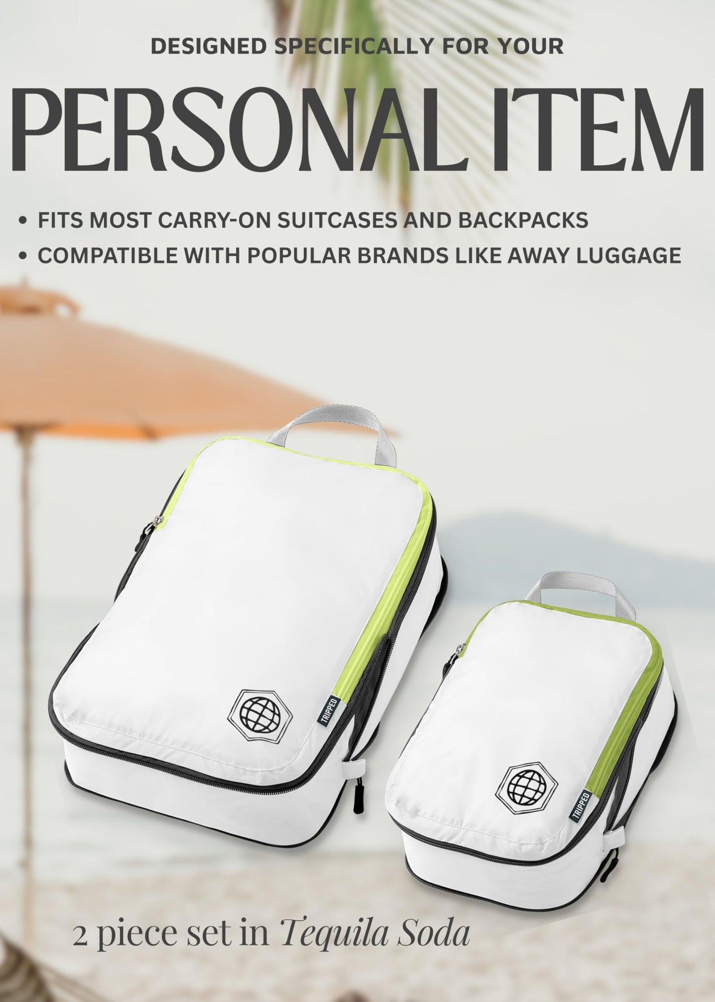 Compression Packing Cubes 2 Piece Set for Travel - Lightweight, Durable Clothes Organizer for Carry-On Luggage and Backpacks by TRIPPED Travel Gear (White and Green)