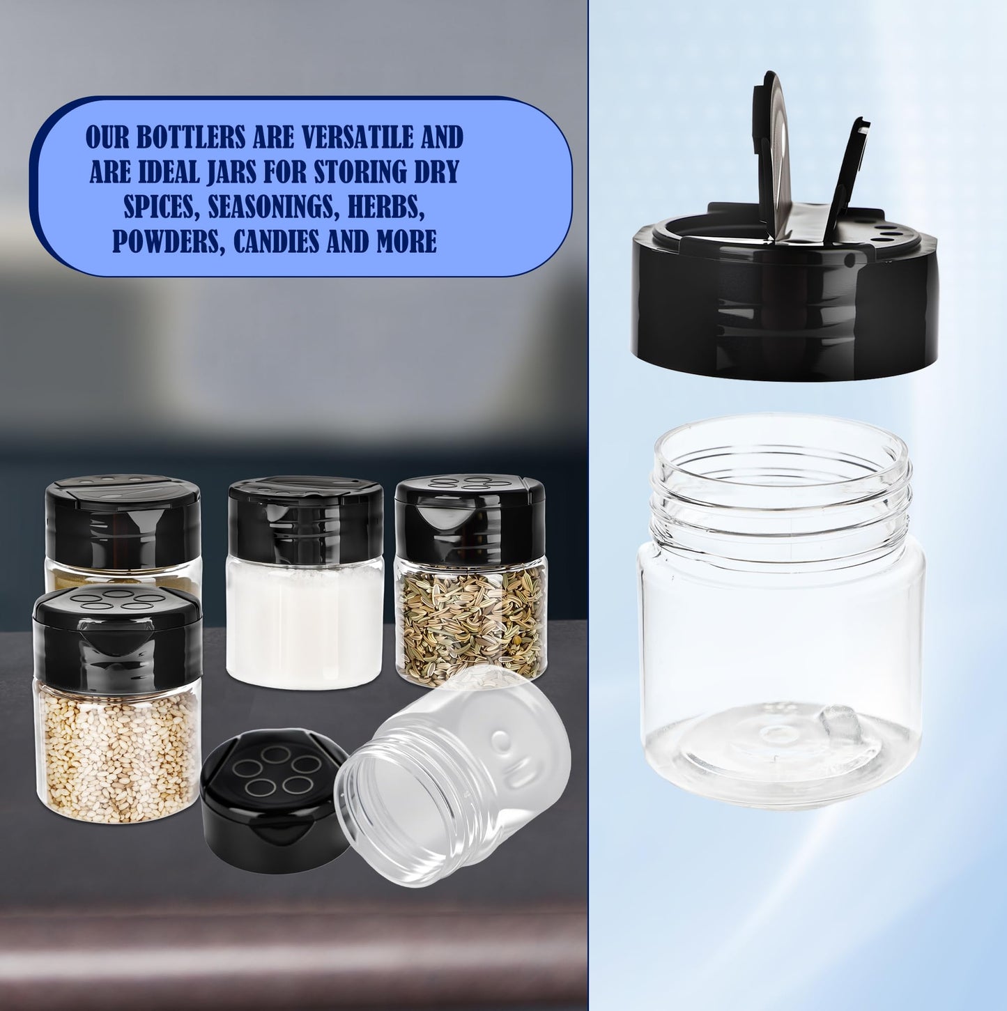 Conagel 30 Pack 1 oz Mini Plastic Spice Jars with Flip Caps Clear Empty Plastic Spice Bottles Round Food Safe Storage Containers for Kitchen Storing and Dispensing Salt Spice, 2 Styles