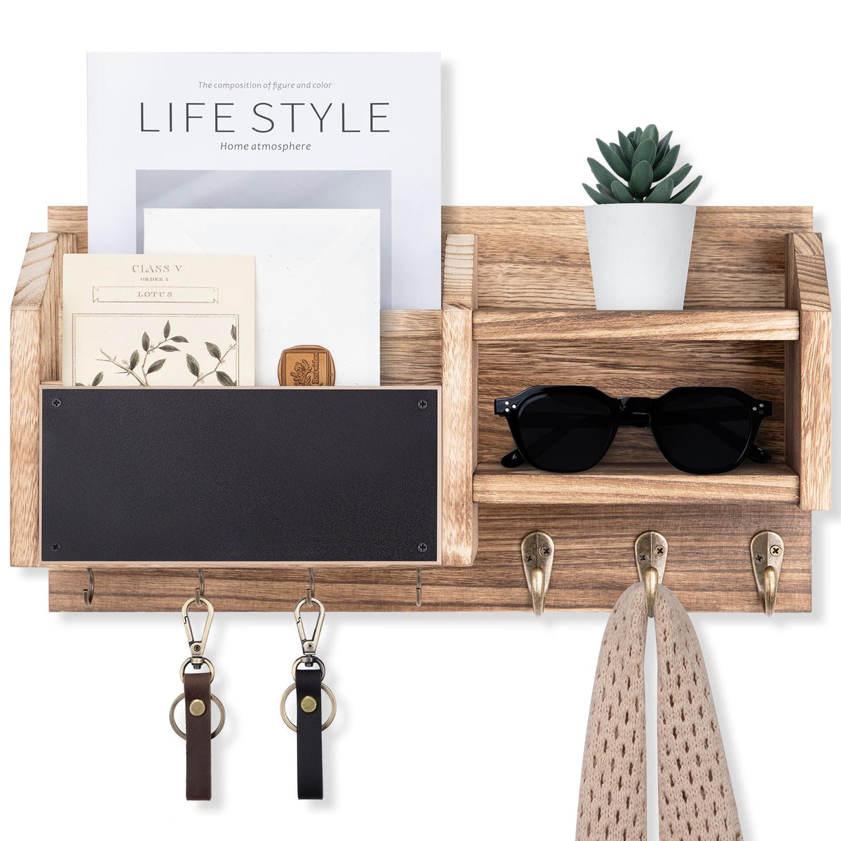 Lwenki Mail and Key Holder – Wall Mount Key Hanger with Shelf and 7 Metal Hooks – Decorative Natural Paulownia Wood Entryway Organizer with Mounting Hardware (16.5”W x 8.7”H x 3.5”D) (Wood)