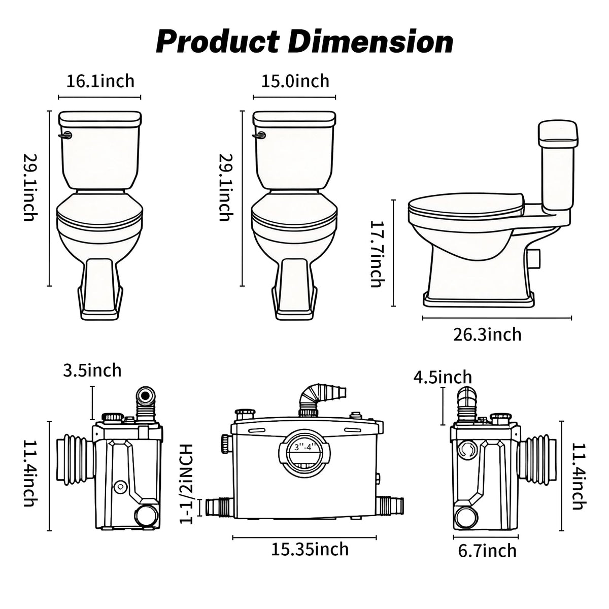 800Pro Macerating Toilet with Pump–Upflush Toilet System for Basement/Attic, 4 Water Inlets & AC Vent, 36ft Vertical Lift, Dual Flush, Easy Install,17.7" Elongated Toilet
