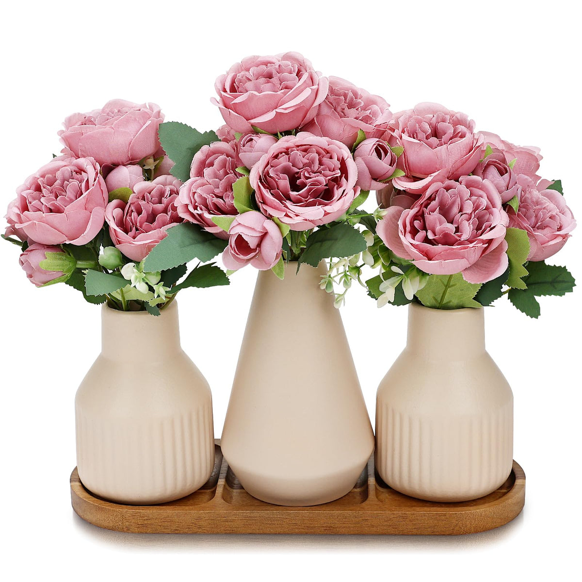 Nagobi Flower Table Centerpiece - Dining Table Centerpiece Decor Set of 3 Fake Peonies in Ceramic Vases & Wood Tray Modern for Kitchen Island Living Room Coffee Table Home Decor (Dusty Pink)
