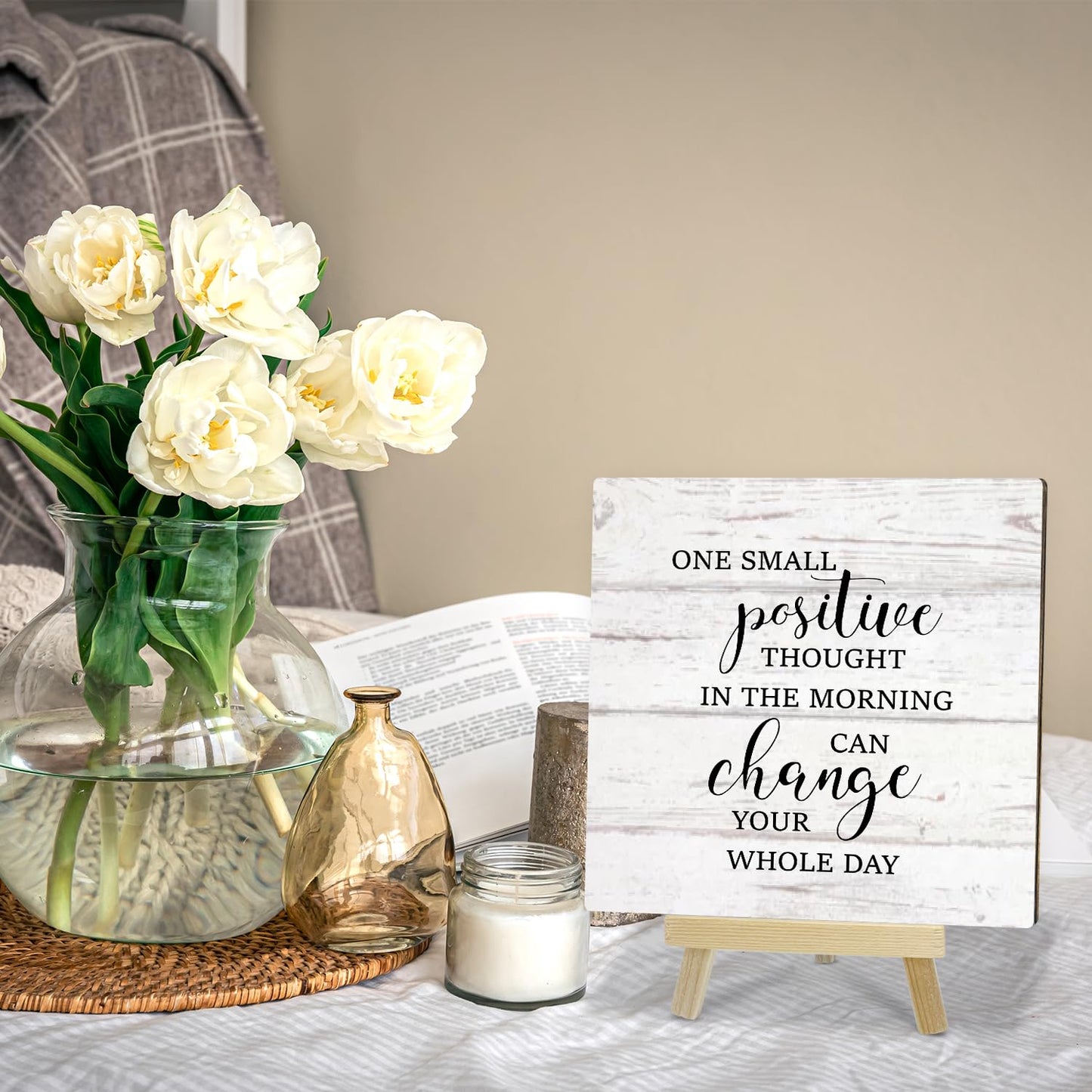 Inspirational Gifts for Women Man Her, One Small Positive Thought In The Morning Inspirational Wood Sign With Stand, Desk Decor Table Decoration for Home Office Shelf - 59