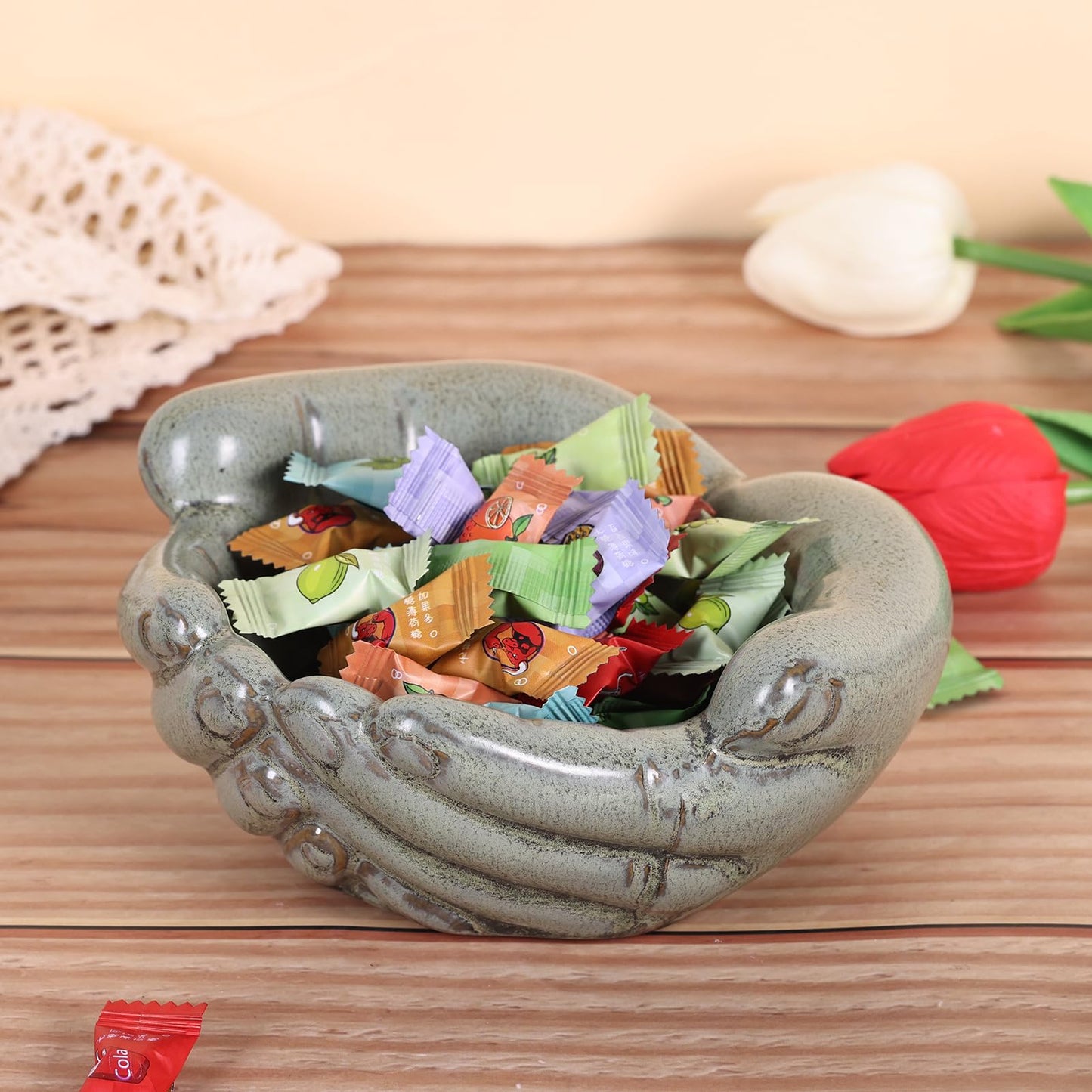 orenm Ceramic Hands Bowl Dish Sculpture, Offering Hands Dish Candy Holder,for Succulent Planter, Crystal Rock Holder, Office, Keys Bowl for Entryway Table(Green )