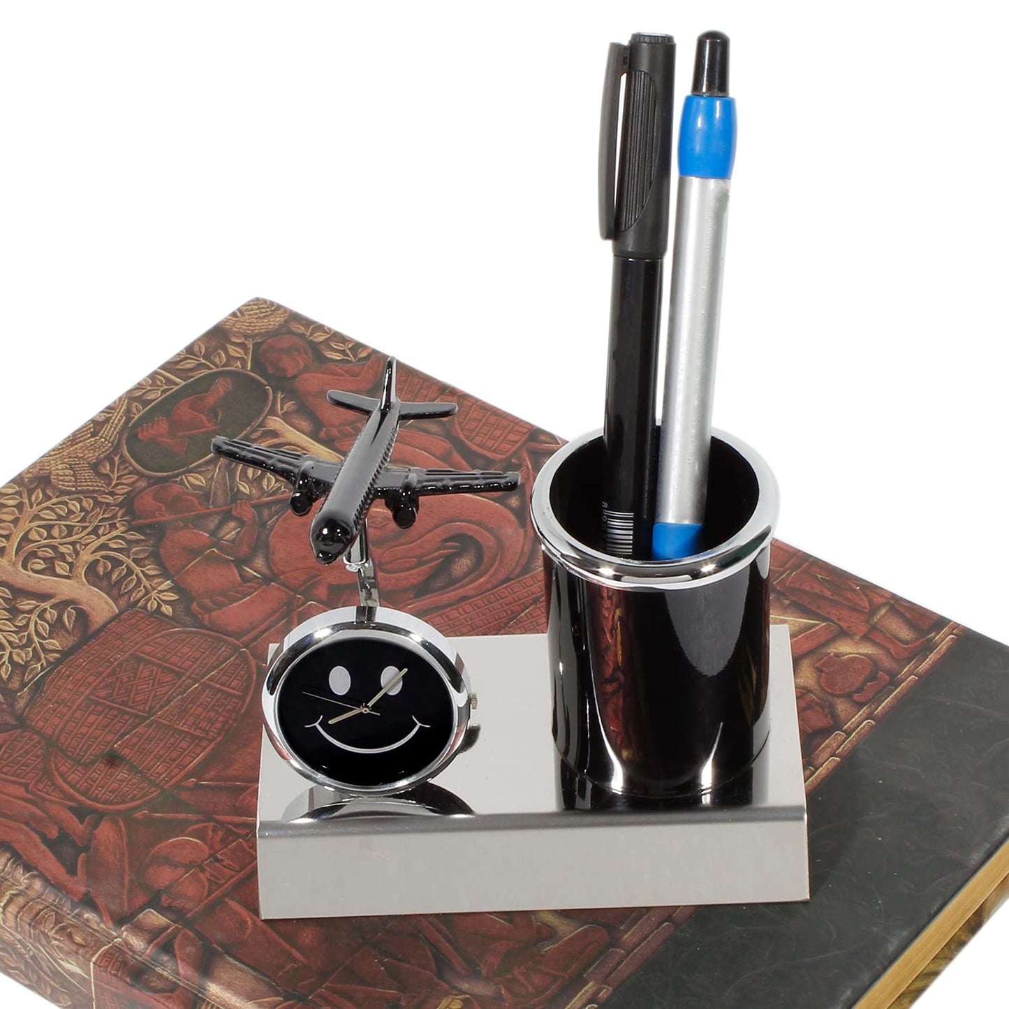 ZAHEPA Airplane Metal Pen Stand With Clock, Stylish Stationary Airplane Desk Clock with Pen Pencil Holder, Elegant Corporate & Aviation Gifts Set, Durable Decorative Showpiece For Office Desk