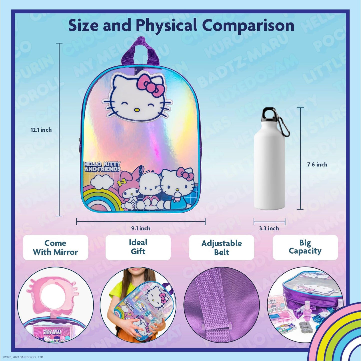 Hello Kitty and Friends Makeup Filled Backpack Set with 12 Pieces, Including Lip Gloss, Nail Polish, Nail Stones and Other Accessories, Ages 3+ for Parties, Sleepovers and Makeovers by Townley Girl